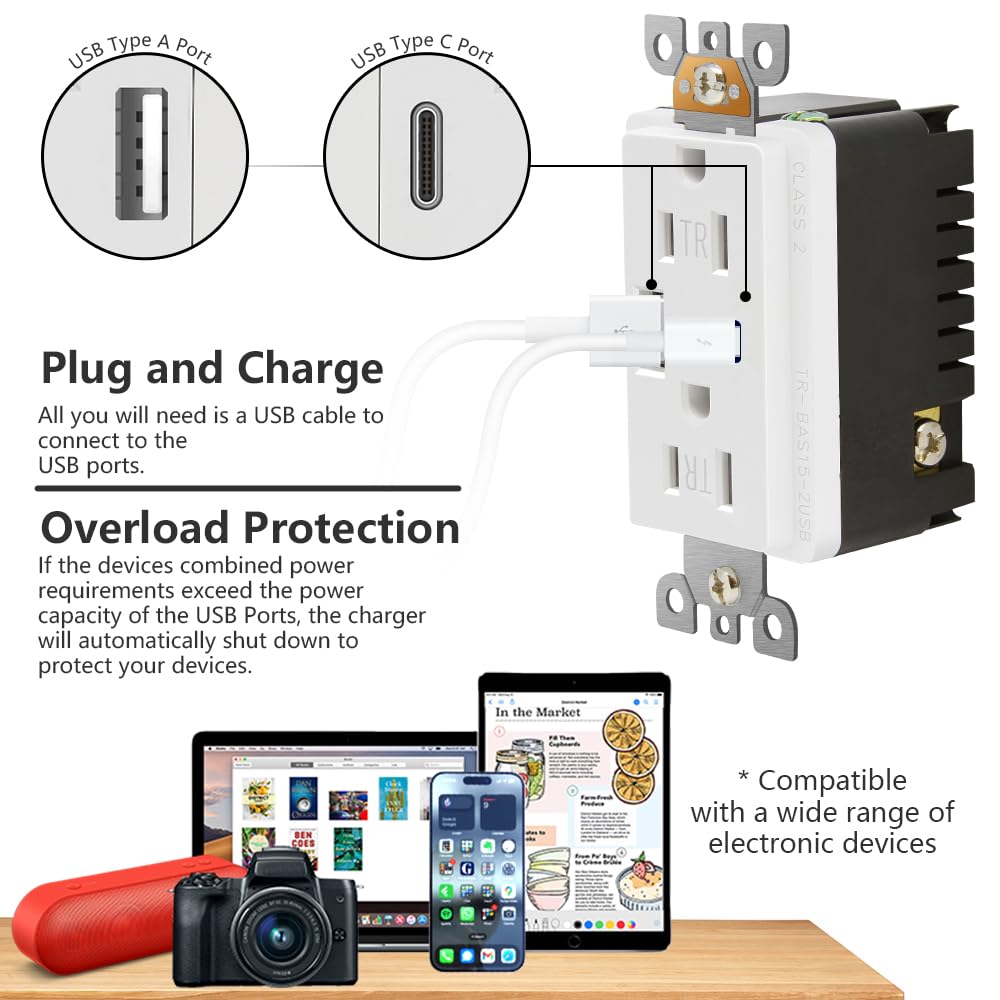 10 Pack - POWAWINI Wall Outlet 15 Amp, UL Listed, USB C & USB A Port, Self-Test with LED Indicator, Tamper-Resistant Receptacle with Decor Wall Plates and Screws (White)
