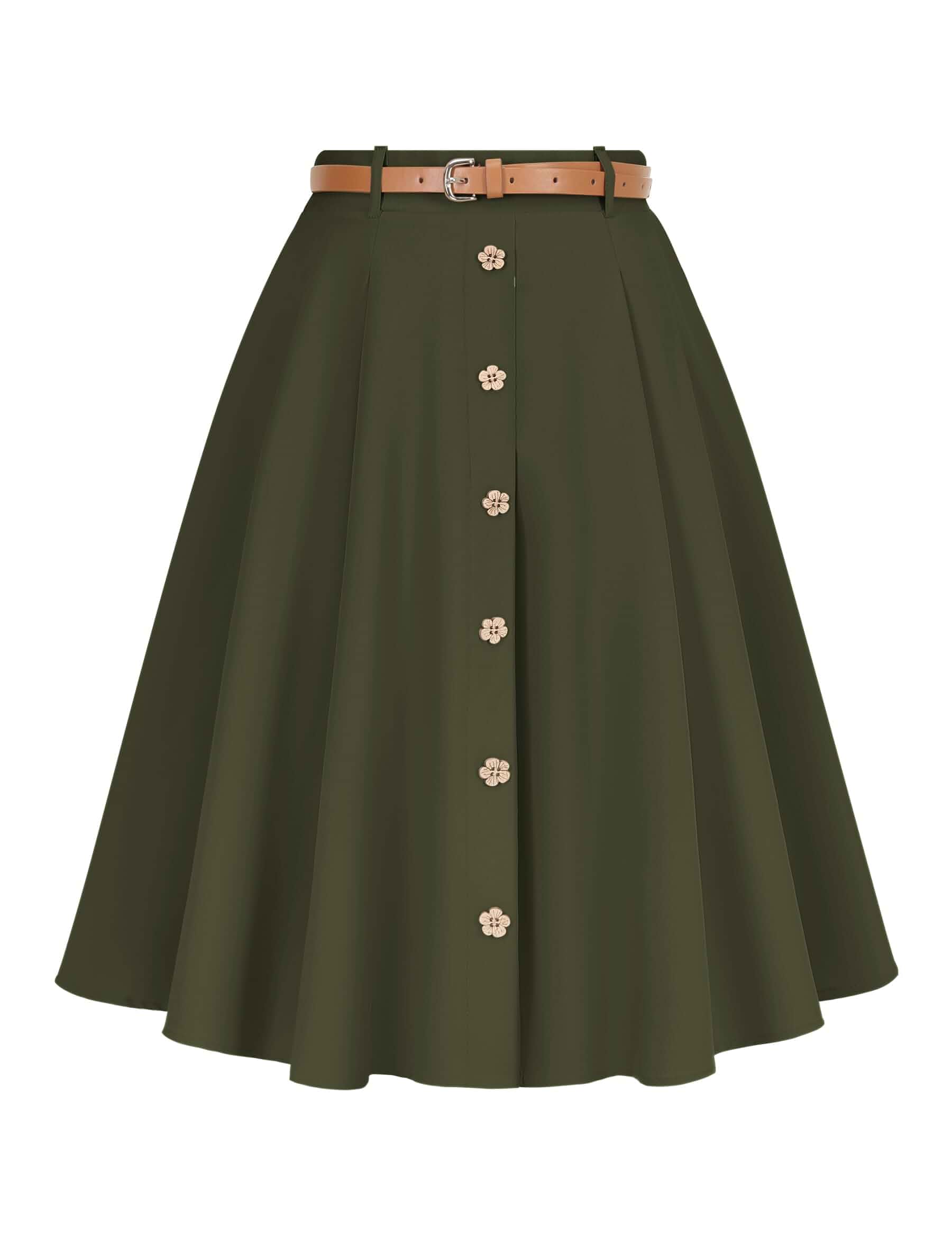 Wedtrend Vintage Skirts for Women Pleated Midi Skirt Button Down Work Skirts A Line Skirt with Belt&Pockets