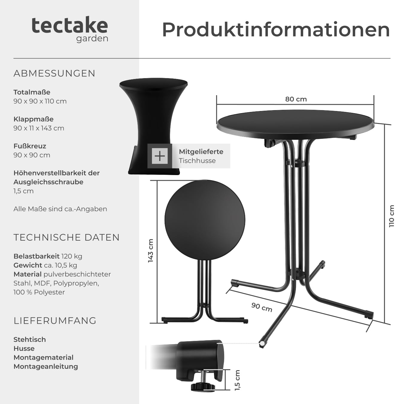 tectake® Gastro Stehtisch klappbar, Bistrotisch mit Husse, Tisch Ø80cm, Stehtisch mit MDF-Tischplatte, Gartentisch klappbar, Klapptisch, rund, Stahlgestell, stabil und robust - schwarz, 1 Stehtisch