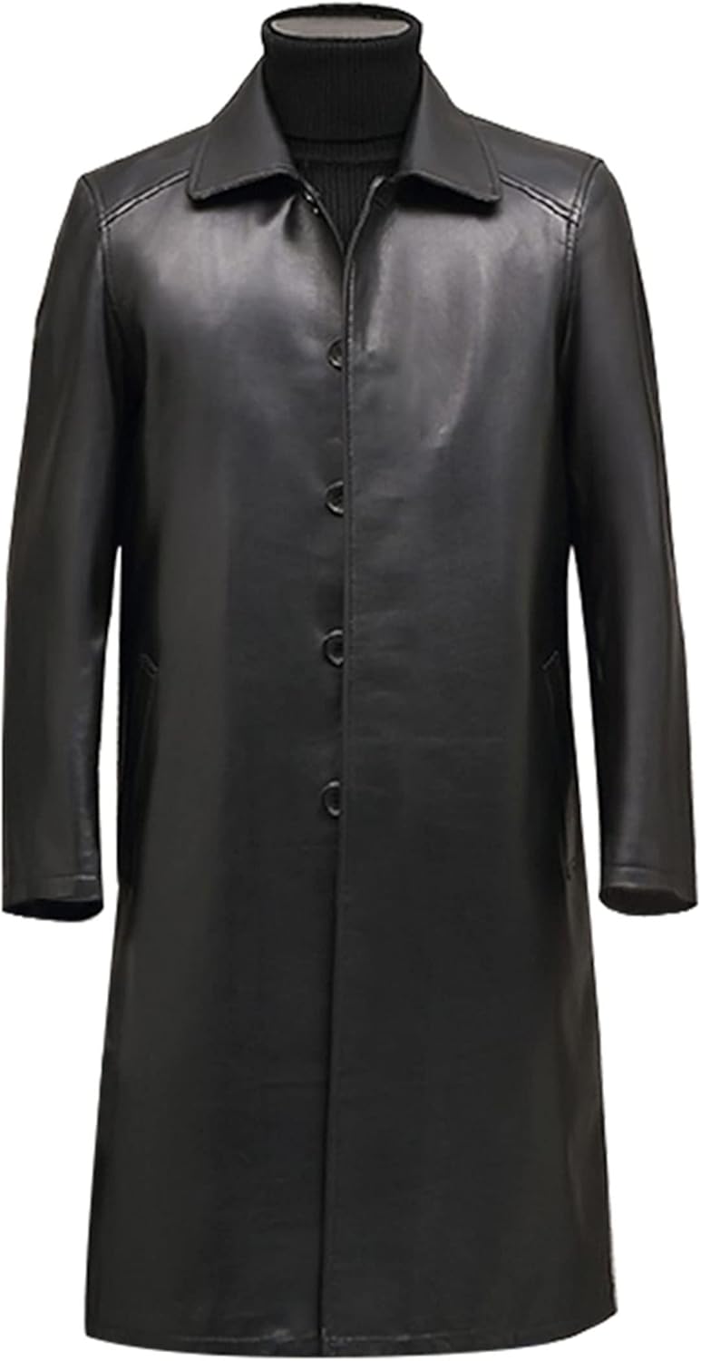 Autumn Mens Black Faux Leather Long Trench Coat Mens Fashion Long Sleeve Single Breasted Pu Leather Jacket
