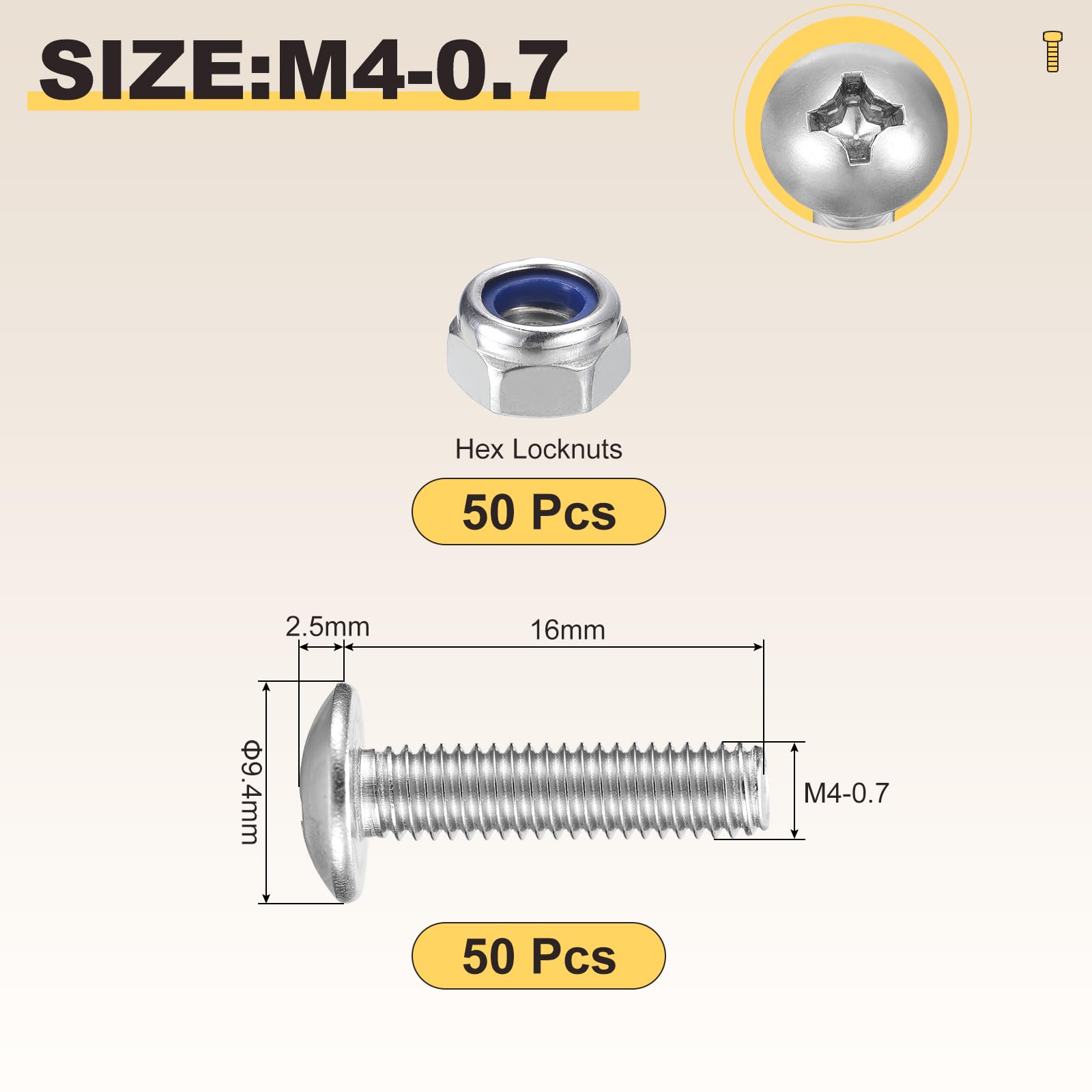METALLIXITY Machine Screws Phillips Head(M4-0.7x16mm) 100Pcs with Hex Locknuts - Image 2
