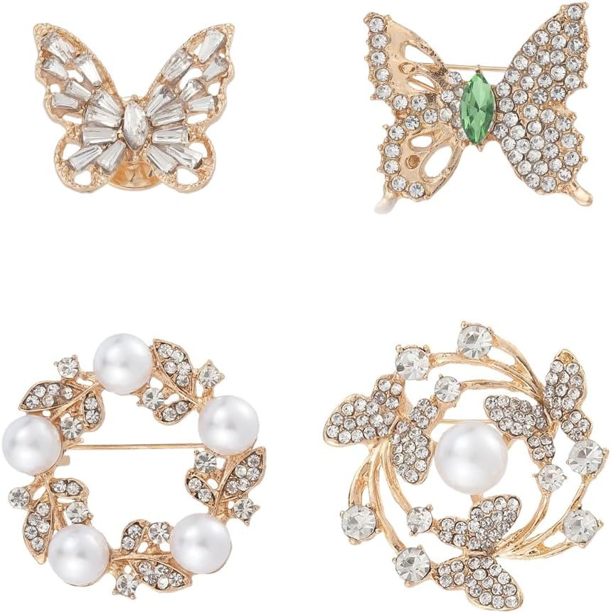 CREATCABIN 4pcs Brooches for Women Butterfly Wreath Brooch Pins Simulated Rhinestone Pearl Pins Jewelry Accessories for Wedding Bridal Dress Corsage Bouquet Coat Hat Jacket Sweater Birthday Gift Gold