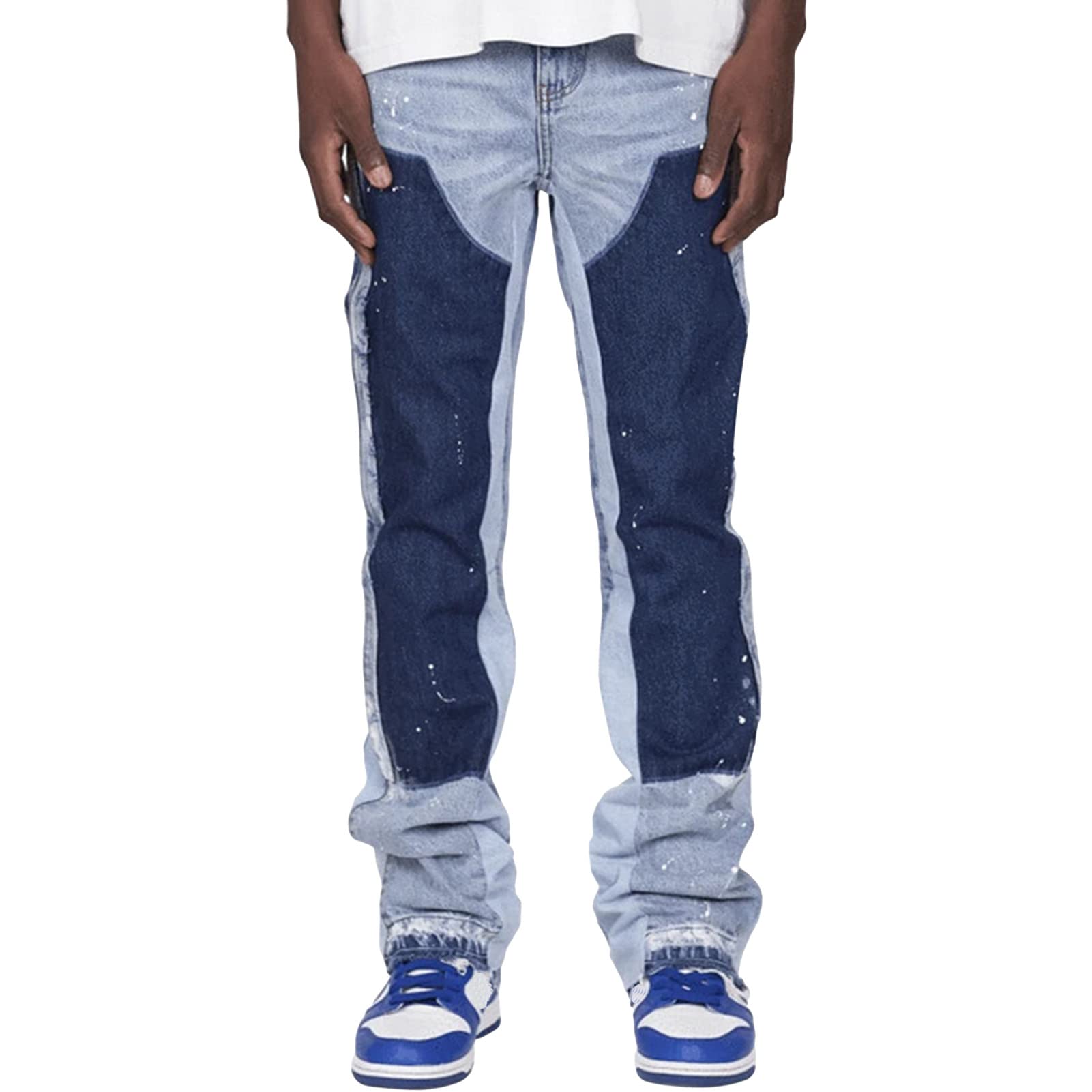 DGKaxiyaHM Men Contrast Color Washed Stretch Jeans Relaxed Fit Straight Patchwork Denim Pants Mid Rise Cclassic Moto Trouser