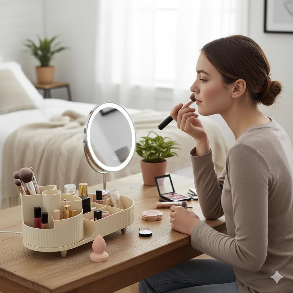 JVISION Organizer Trucchi, Porta Trucchi Organizer Rotante a 360°, Compartimento Rotante 2 in 1 Organizzatore di Trucco, Porta Pennelli Make Up per Rossetti, Profumi, Organizzatore Skincare