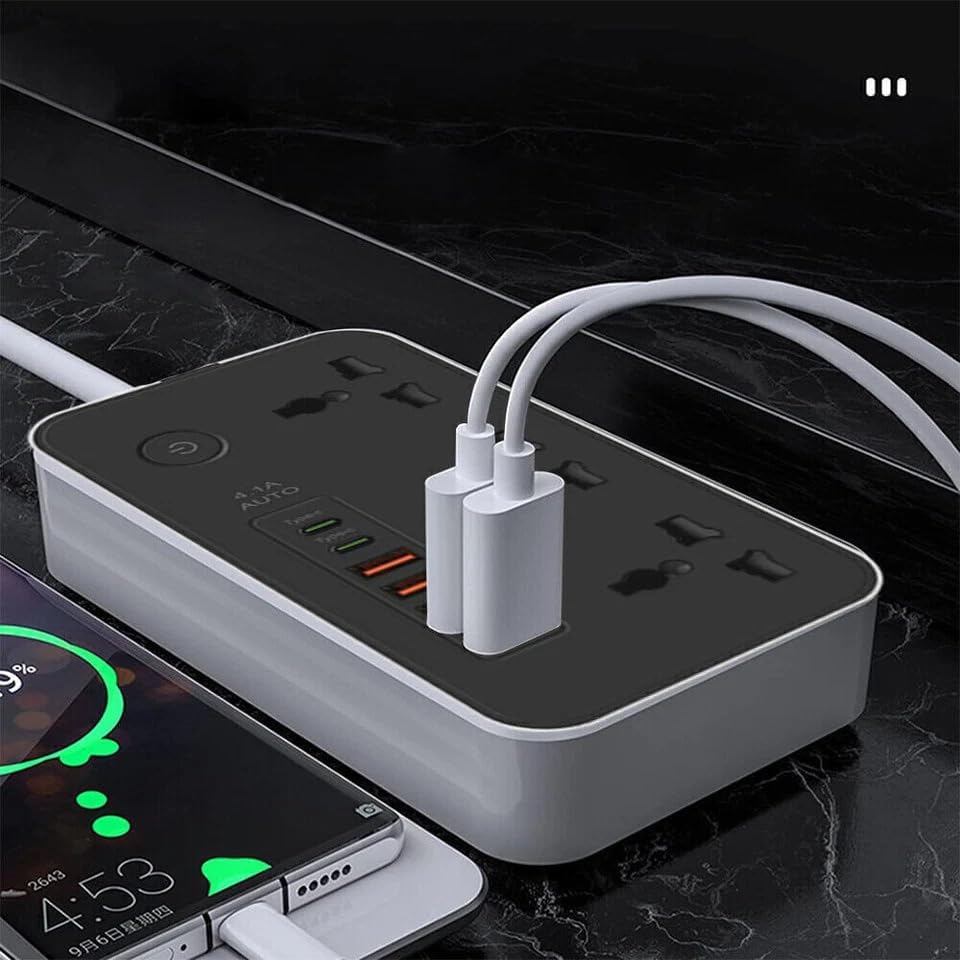 Image of Extension Board, Power Strip with 6 USB Ports and 3 Universal Socket, 2500W 10A Extension Cord, 3-Pin Surge Protector Power Strip for Home, Office, Computer, Mobile Charging (White-Z65)