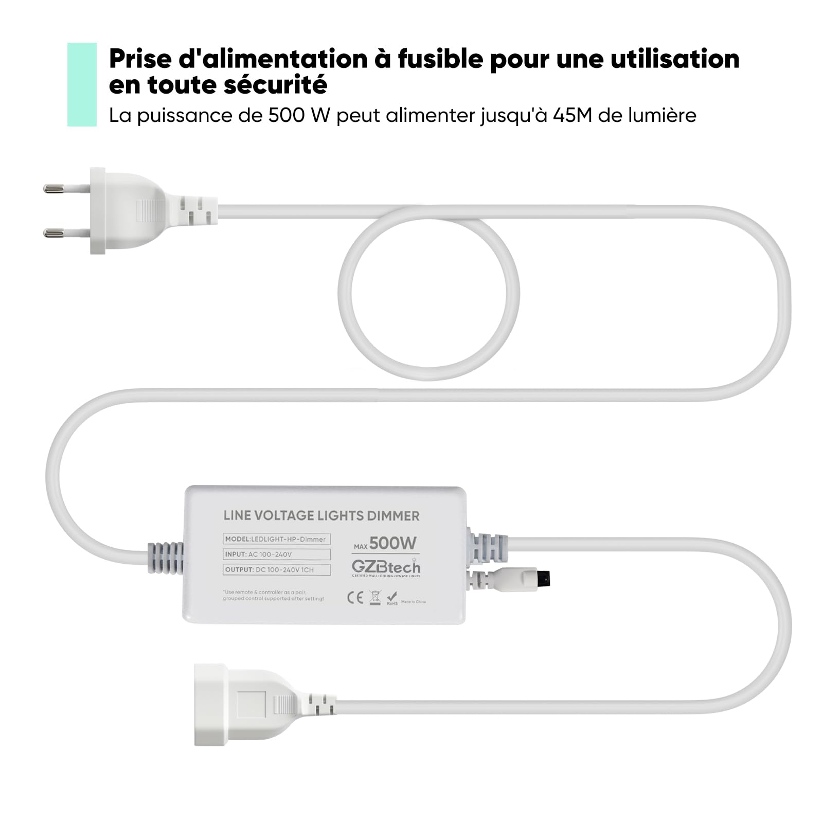 GZBtech Dimmer universale per strisce LED, dimmer da 500 Watt con telecomando, portata di controllo 20 m (spina a 2 pin)