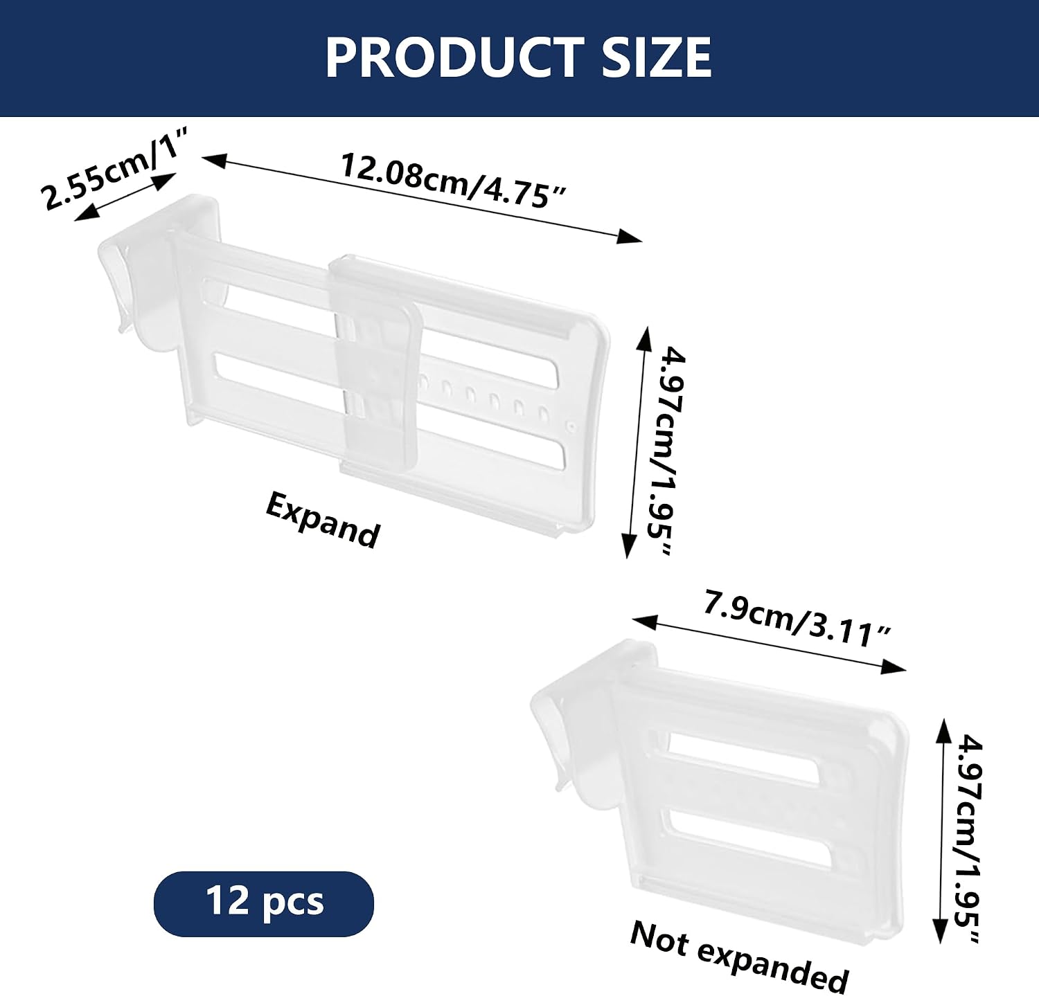 Retractable Fridge Dividers, 12 Pcs Adjustable Refrigerator Drawer Organizers with Snap-On Clips, Clear Expandable Dividers (3.1-4.7 Inch) for Kitchen Cabinet & Fridge Storage