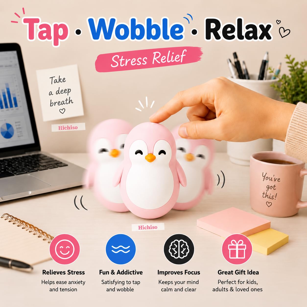 Roly Poly Penguin Wobbler | Cute Self-Righting Penguin Desk Toy | Stress Relief Fidget Toy | Mini Penguin Collectible | Office Desk Decor & Gift (Macaroon Pink, 1 pc) — Amazon image 2