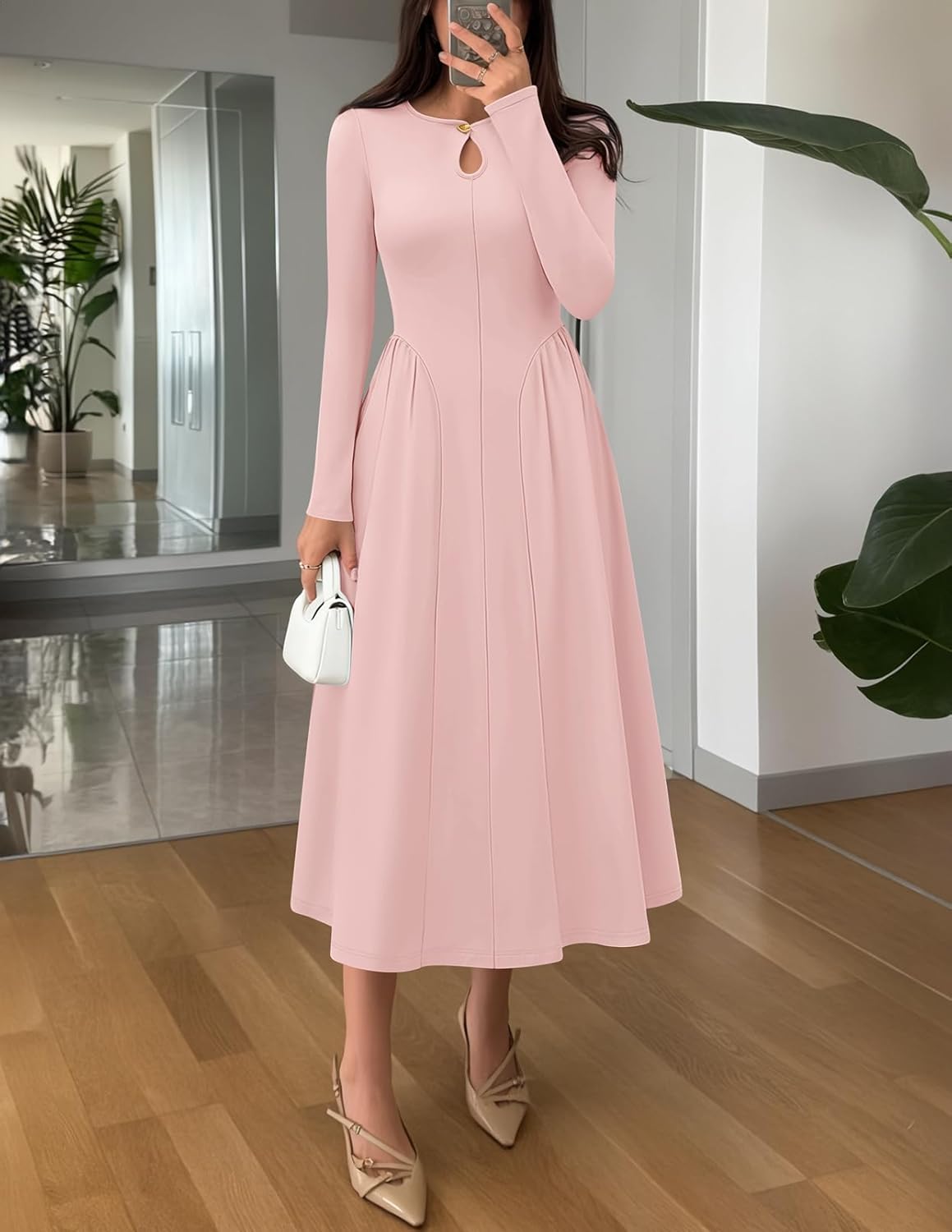MEROKEETY Women's Long Sleeve Flowy A Line Dresses 2025 Fall Fashion Elegant Cutout Wedding Guest Midi Maxi Dress - Image 7
