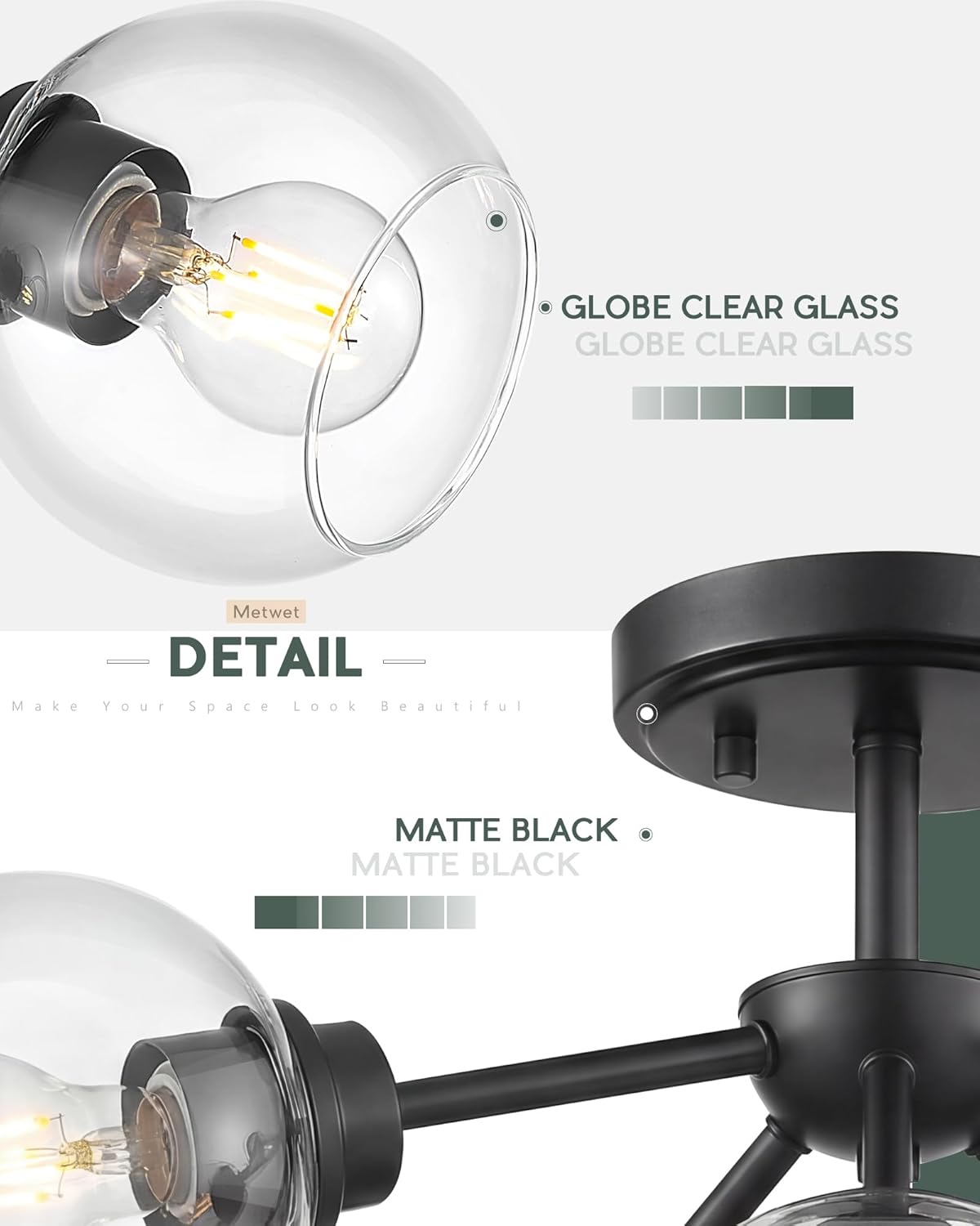 6-Light Semi Flush Mount Ceiling Light, 22" Modern Light Fixtures Ceiling Mount with Globe Clear Glass Shade, Matte Black Light Fixtures for Kitchen Entryway Bedroom, SM195-MB-6