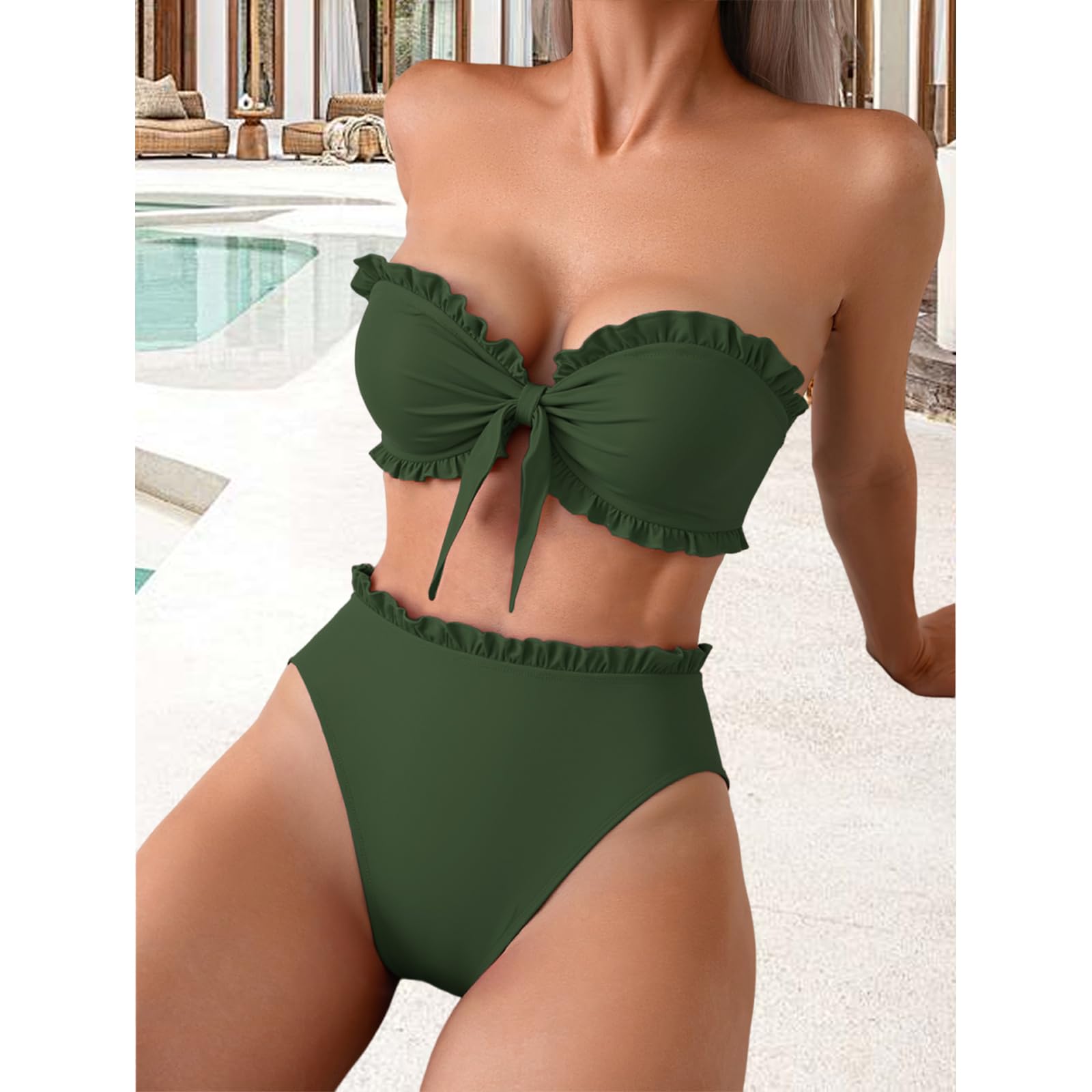 OUSIMEN Damski zestaw bikini z regulowanymi ramiączkami, dekolt w kształcie litery V, falbanki, węzły motylkowe, moda kąpielowa, dwuczęściowy strój kąpielowy