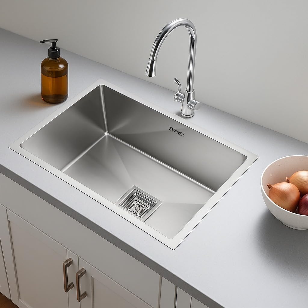 EVANEX Kitchen Sink 24x18x10 Inch | Handmade Sink for Kitchen Single Bowl | 304 Stainless Steel Basin Sinks with Brushed Matte Finish Square Coupling and Fruit Basket