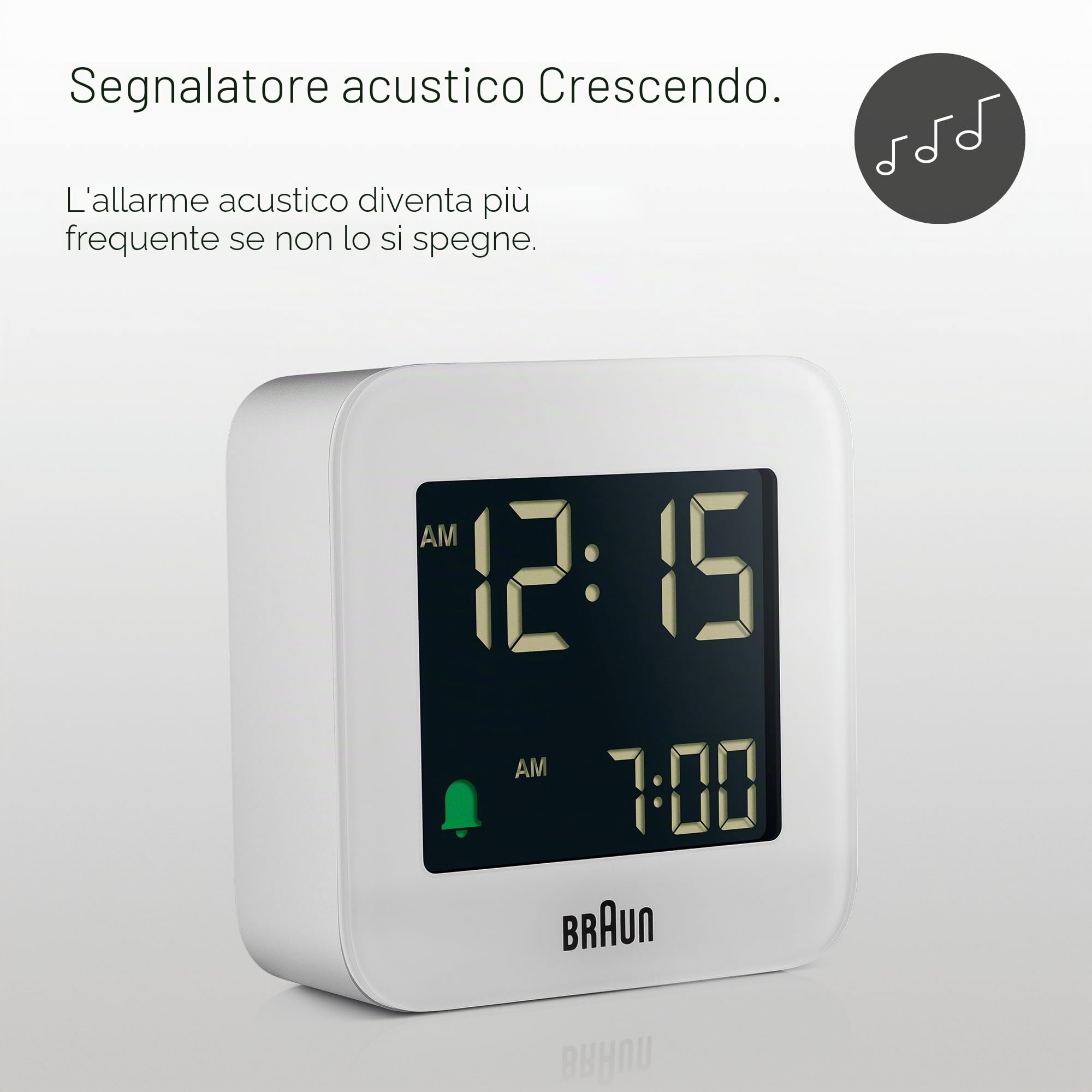 Braun Orologio Sveglia da Viaggio Digitale Funzione Snooze, Dimensioni compatte, Display LCD Negativo, Funzione Quick Set, Suono Sveglia Beep con crescendo, in Bianco, modello BC08W.