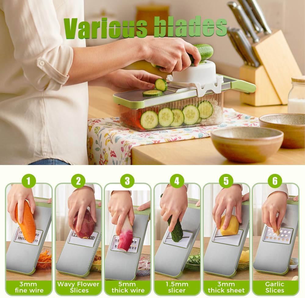 Multifunctional Vegetable Slicer, 6 in 1 Slicer Veggie Shredder with Safe Hand Guard, Multi Blade Adjustable Garlic Slicer, Easy-Clean & Compact Storage, Portable Kitchen Gadget (3 Blade Magnetic)