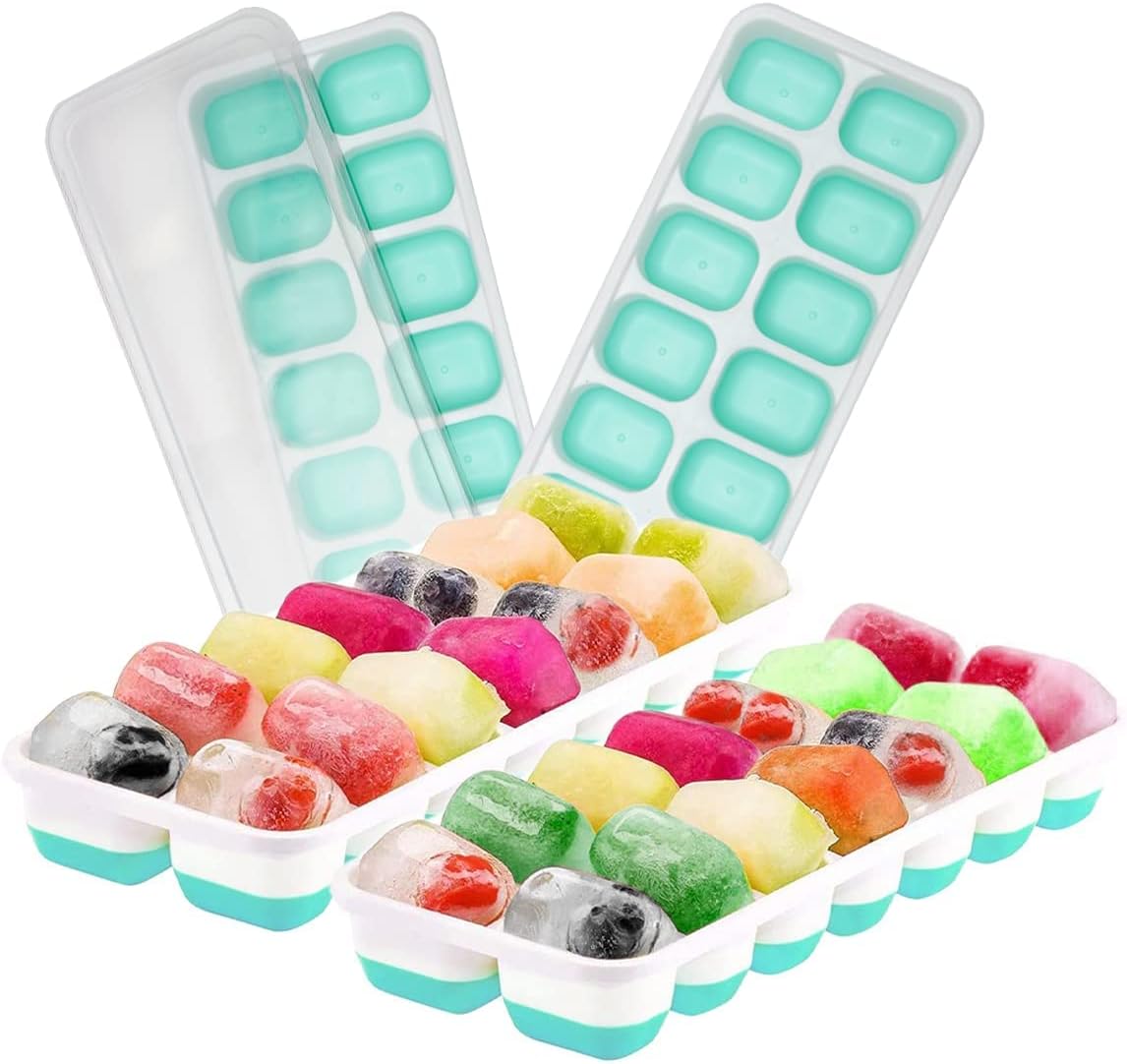 4 Pack Ice Cube Tray with Lid for Freezer - BPA Free Silicone Ice Cube Trays - Stackable Easy Release Ice Cube Moulds for Chilled Juices and Drinks (56 Ice Cubes)