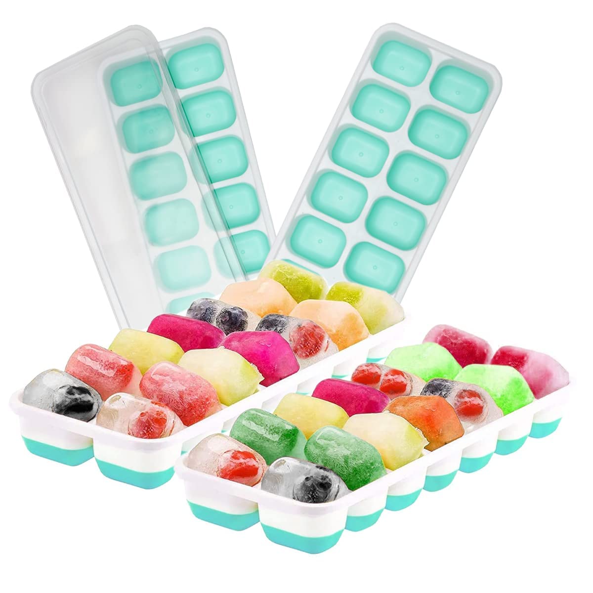 4 Pack Ice Cube Tray with Lid for Freezer - BPA Free Silicone Ice Cube Trays - Stackable Easy Release Ice Cube Moulds for Chilled Juices and Drinks (56 Ice Cubes)