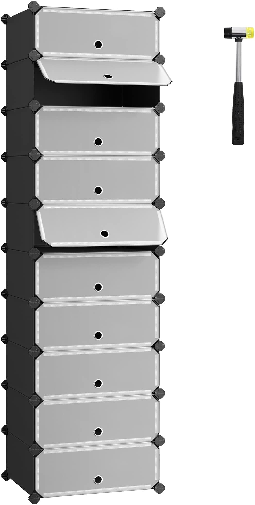 – SONGMICS Interlocking Shoe Rack, Rectangular Storage Organiser, 10 Slot Modular DIY Storage Shelf Unit, 40 x 30 x 17 cm for Each Slot, Plastic Wardrobe with Doors, Black LPC10HV1