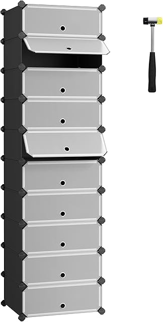 SONGMICS Interlocking Shoe Rack, Rectangular Storage Organiser, 10 Slot Modular DIY Storage Shelf Unit, 40 x 30 x 17 cm for Each Slot, Plastic Wardrobe with Doors, Black LPC10HV1