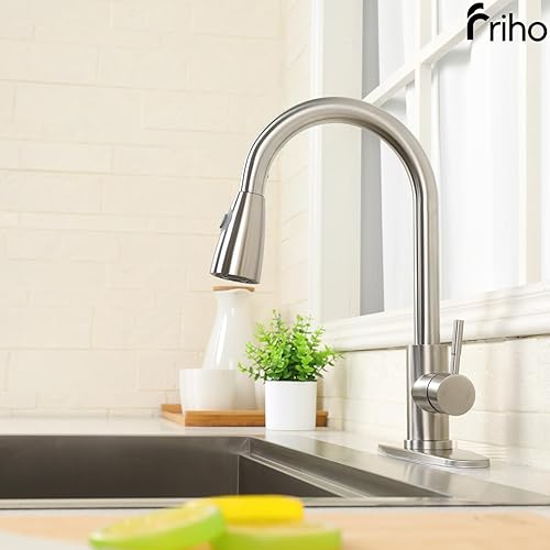 Miniatura 9 de Friho Grifo de cocina moderno de un solo orificio con 1 mango rociador extraíble de níquel cepillado, manguera extraíble de acero inoxidable, grifo