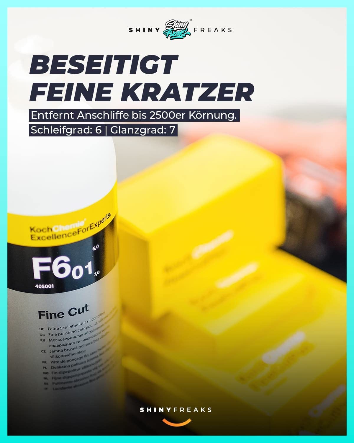 Autopolitur Set: Koch Chemie Fine Cut F6.01 Feinschleifpolitur (1L) - Beseitigt mittelstarke Kratzer - Für alle Lacke - Exzenter oder Rotation - Auto polieren, Politur, Feinschleifpaste | 6-teilig