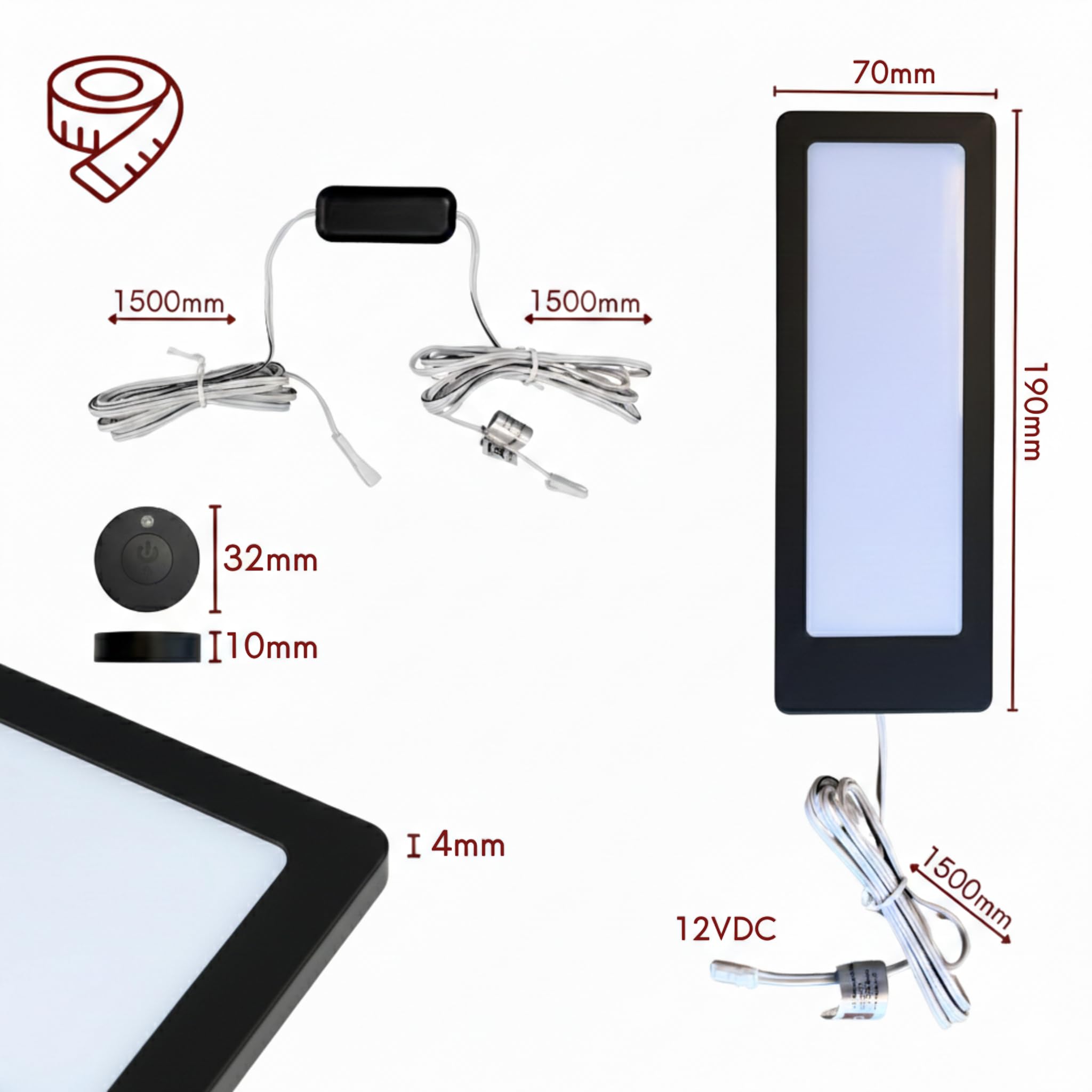 kalb | TooFlatXL LED Unterbauleuchten 1-4er Set mit MonoDot Funkschalter 12V 7W ultraflach 4mm mit XL Lichtfeld 155x55mm Plug&Play mit Netzteil Schwarz 3000K 4000K (3, Warmweiß)