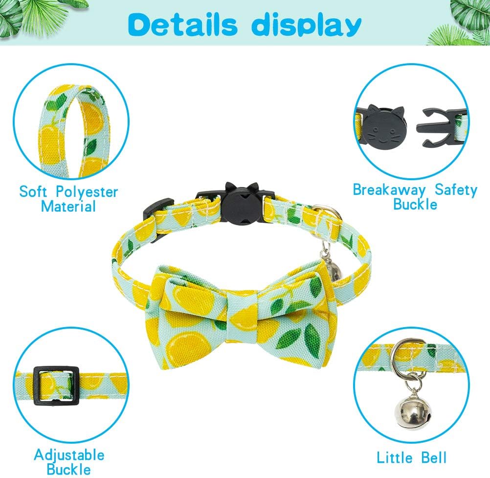BINGPET Breakaway Cat Collar with Removable Bow Tie, 2 Pcs Adjustable Soft Cat Collars with Bell and Cute Fruit Patterns, for Kitties Daily & Holiday Wear - Lemon and Rainbow