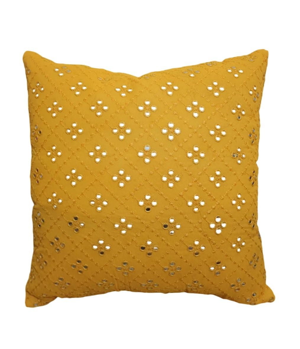 Alchemic Living Yellow Georgette Mirror Work Decorative Throw Pillow Cover (Set of 3)- 16x16 Inches (40 x 40 CM), Handmade Geometric Cushion Covers for Living Room, Sofa, Office, Home Decor-image-27