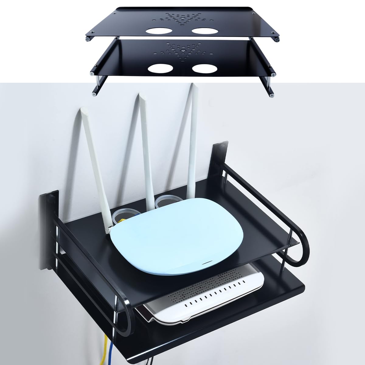 Mensola da parete a 2 ripiani per TV Box/Proiettore/Decoder via cavo/Lettore DVD/Decoder multimediali/Console di gioco, nera
