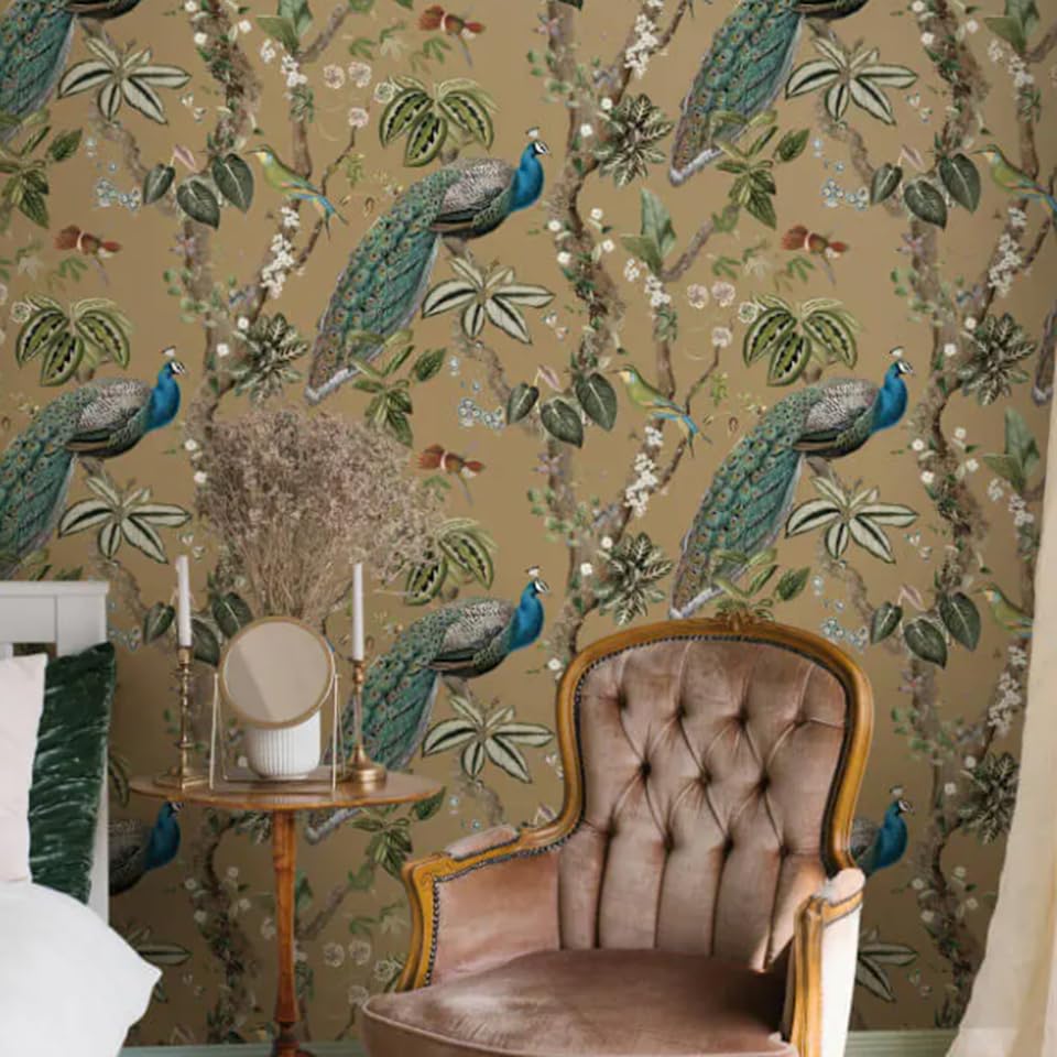 SOPHIE LAURENCE Gold Peacock Woods Wallpaper - Metallic Floral Bird Design, Spongeable, Wet Removable, Paste The Paper, Luxurious Modern Style, 0.53m x 10.05m Roll for Elegant Home Décor