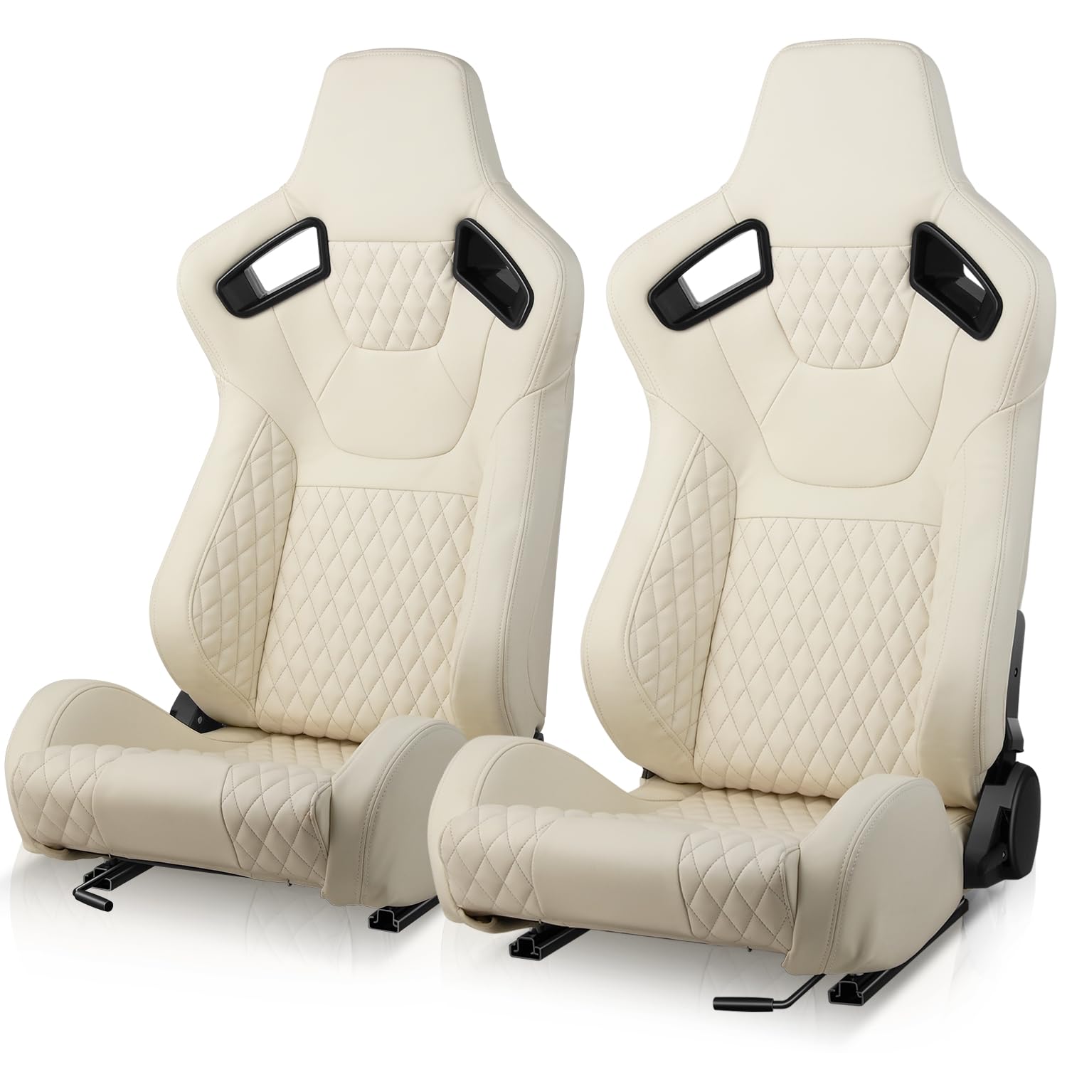 Auto Dynasty Pair of Racing Seat Universal Vinyl Leather Stitching Reclinable Bucket Seats with Bottom Mount Sliders, 37 (H) x 20.5 (W) x 21 (D) Inches, Driver and Passenger Side, White