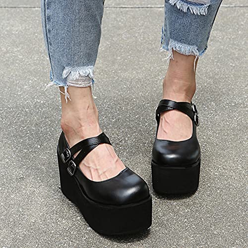 Hbeylia Platform Mary Jane Shoes For Women Vintage Leather Wide Round Toe Chunky Bottom High Heels Ballet Flats With Arch Support Retro Goth Thick Heeled Dress Oxfords For Girls School Uniform2