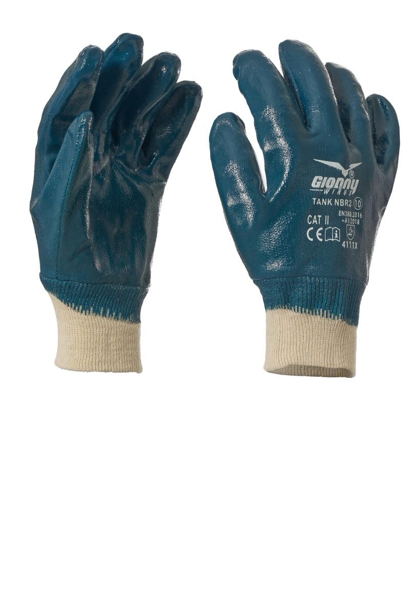 12 PAIA Guanti da lavoro blu/bianco NBR spalmati nitrile, resistenti all'abrasione, oli, idrocarburi e agenti chimici con polsino in maglia, benzinai