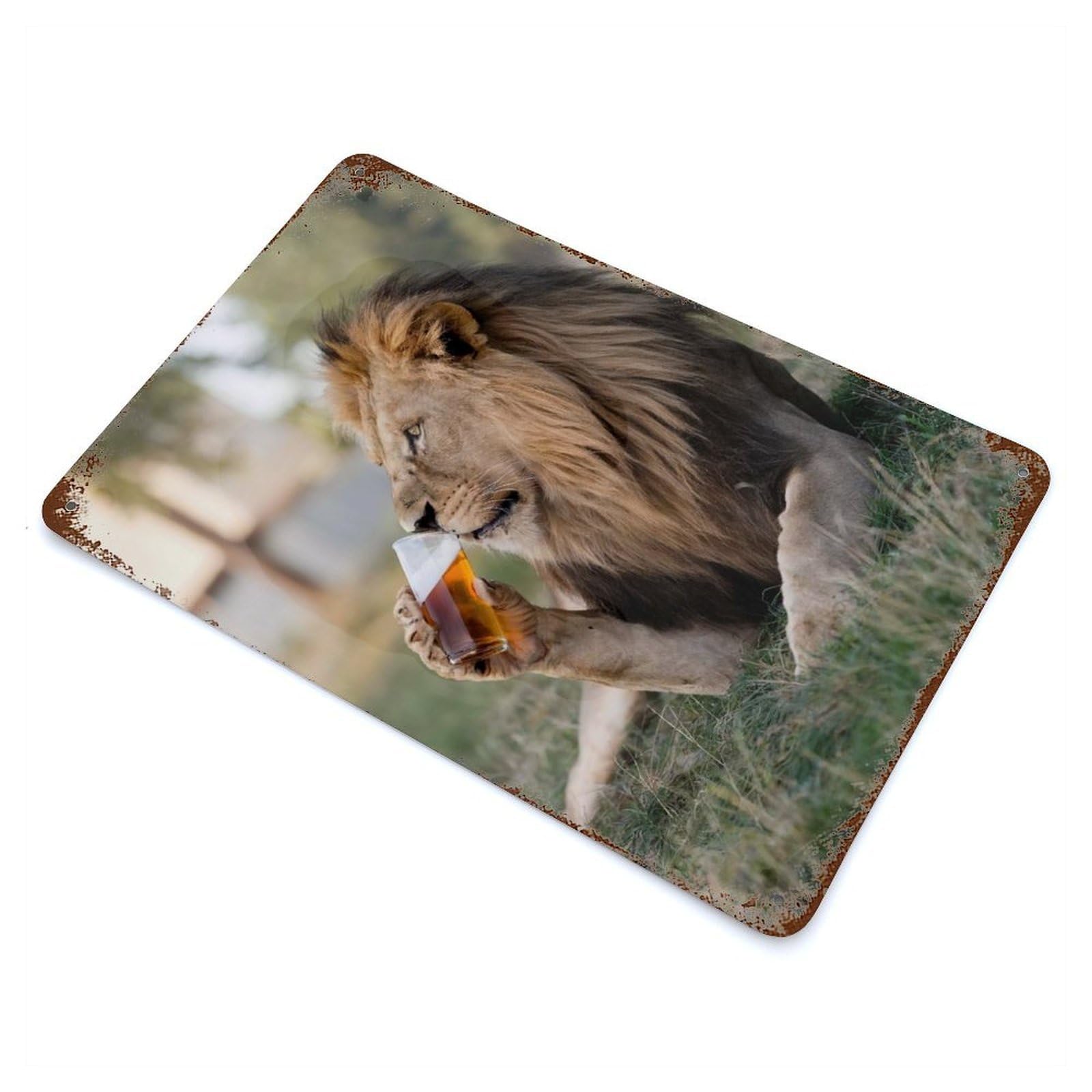 Lion Sipping A Beer Decorative Tin Sign 11.8"x7.9", Retro Wall Decor for Living Room, Hallway And Home Decor