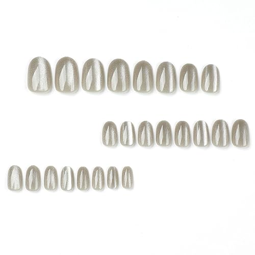 Miniatura 3 de Xenophoer Uñas postizas cortas ovaladas de madera verdosa fría con pegamento acrílico con diseños de purpurina plateada, uñas postizas a presión