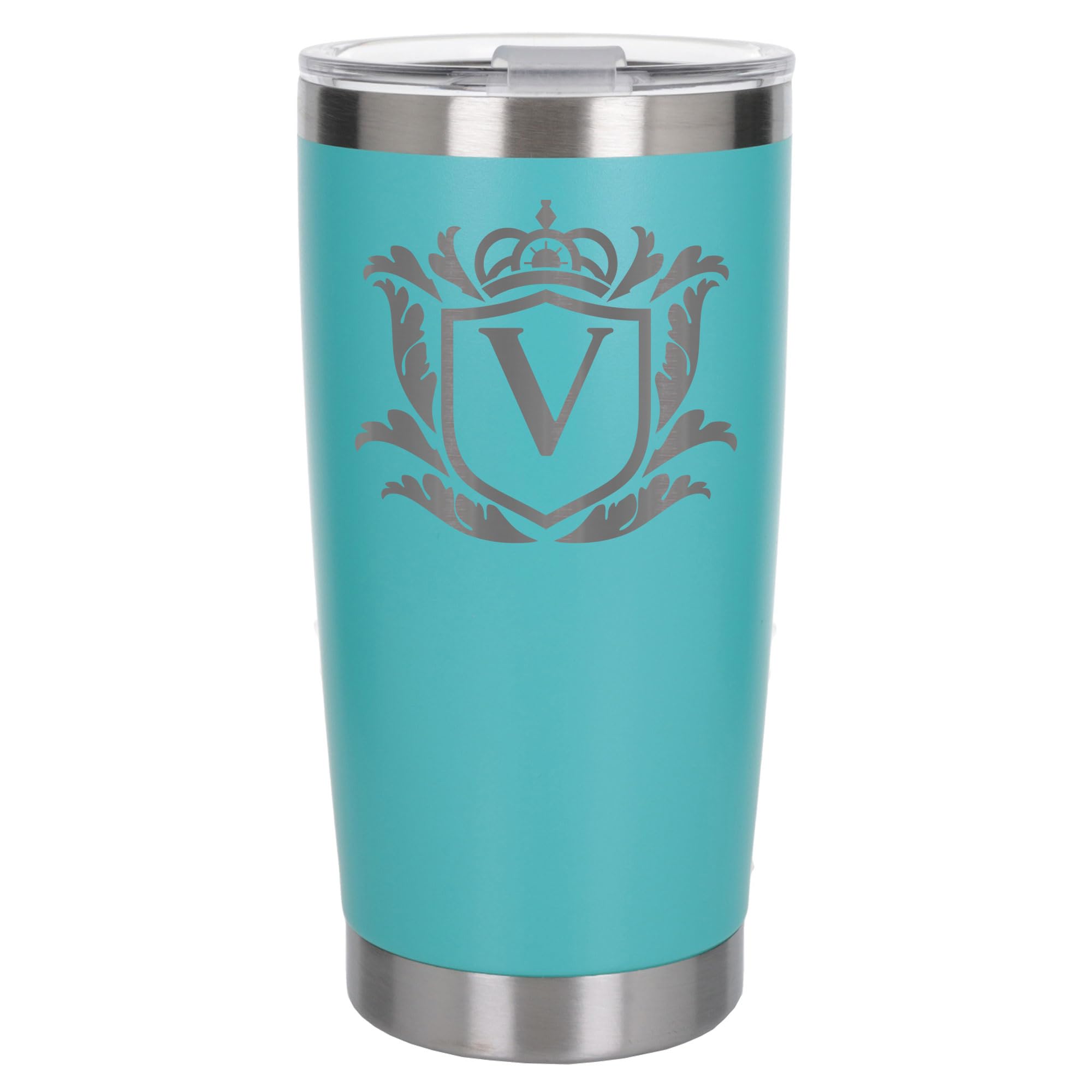 Customised Gifts 500ml Engraved Shield Initial Monogram Insulated Personalised Turquoise Travel Mug for Men and Women - Personalised Initial Coffee Travel Mug for Hot and Cold Beverages, Letter V