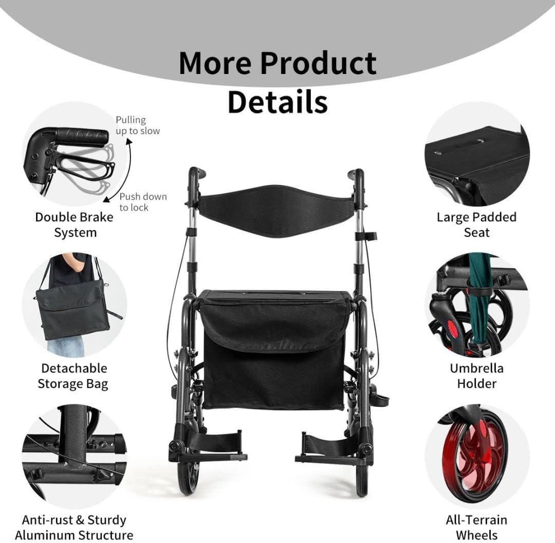 Rollator Plegable, Ayuda a la Movilidad Ligera con Bolsa de Almacenaje y Freno, Andador de Movilidad Ajustable para Ancianos y Discapacitados (Color : A)