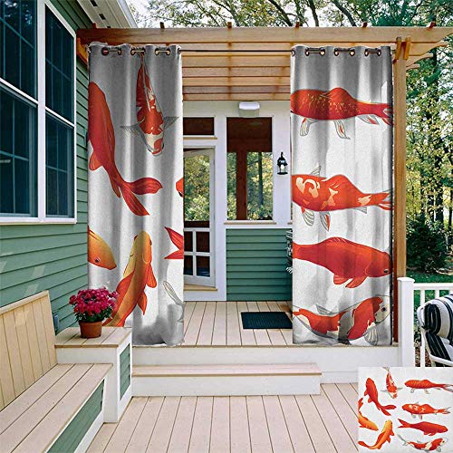 leinuoyi Koi Fish, Outdoor Patio Curtains, Legendary Koi Fish Band Chinese Good Fortune and Power Icon Tranquility Image, Set for Patio Waterproof W84 x L108 Inch Orange White