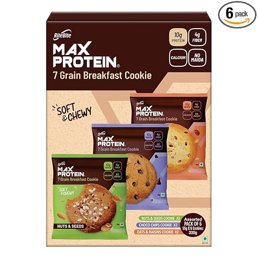 RiteBite Max Protein 7 Grain Breakfast Cookies - Assorted, Pack of 6 (330g)