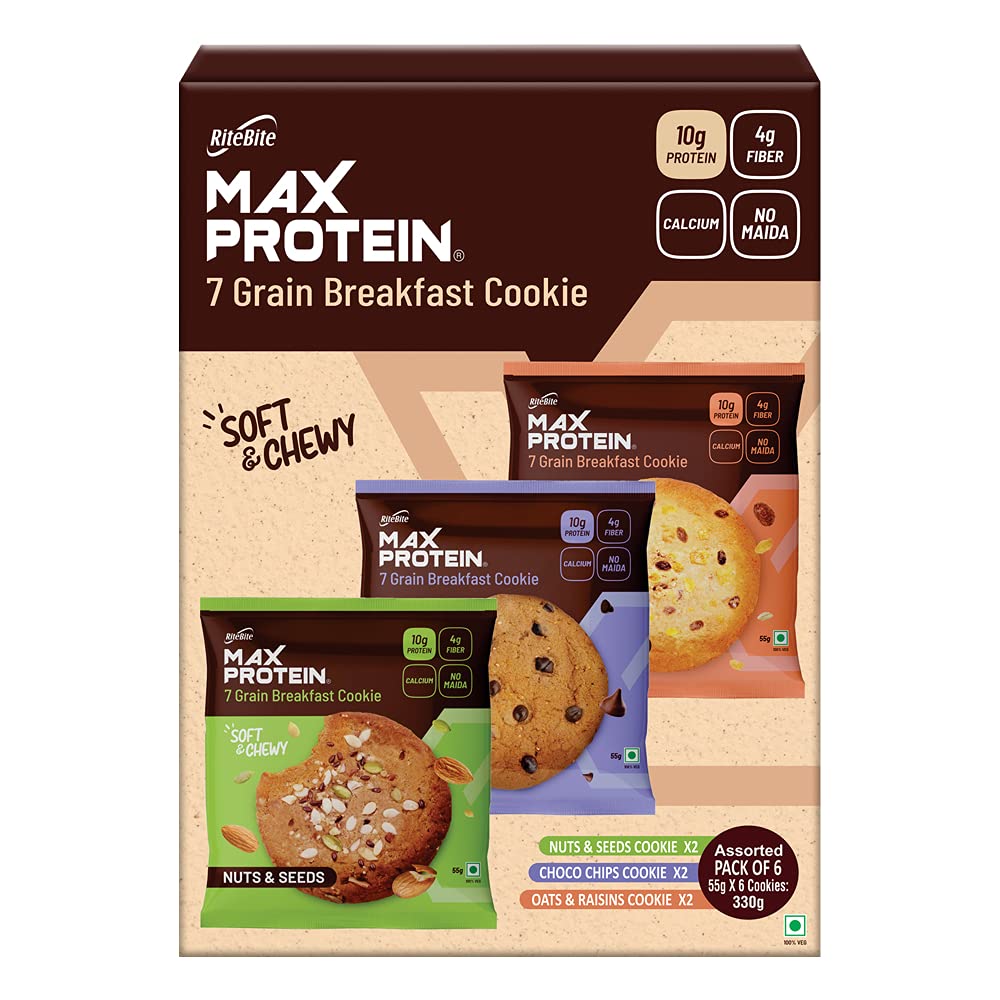 RiteBite Max Protein 7 Grain Breakfast Cookies| Assorted, Pack Of 6 (330G), Choco Chips Cookies 2 Packs, Nuts & Seeds 2 Packs & Oats & Raisin 2 Packs I NO MAIDA 10g Protein Cookies for Healthy Snacking