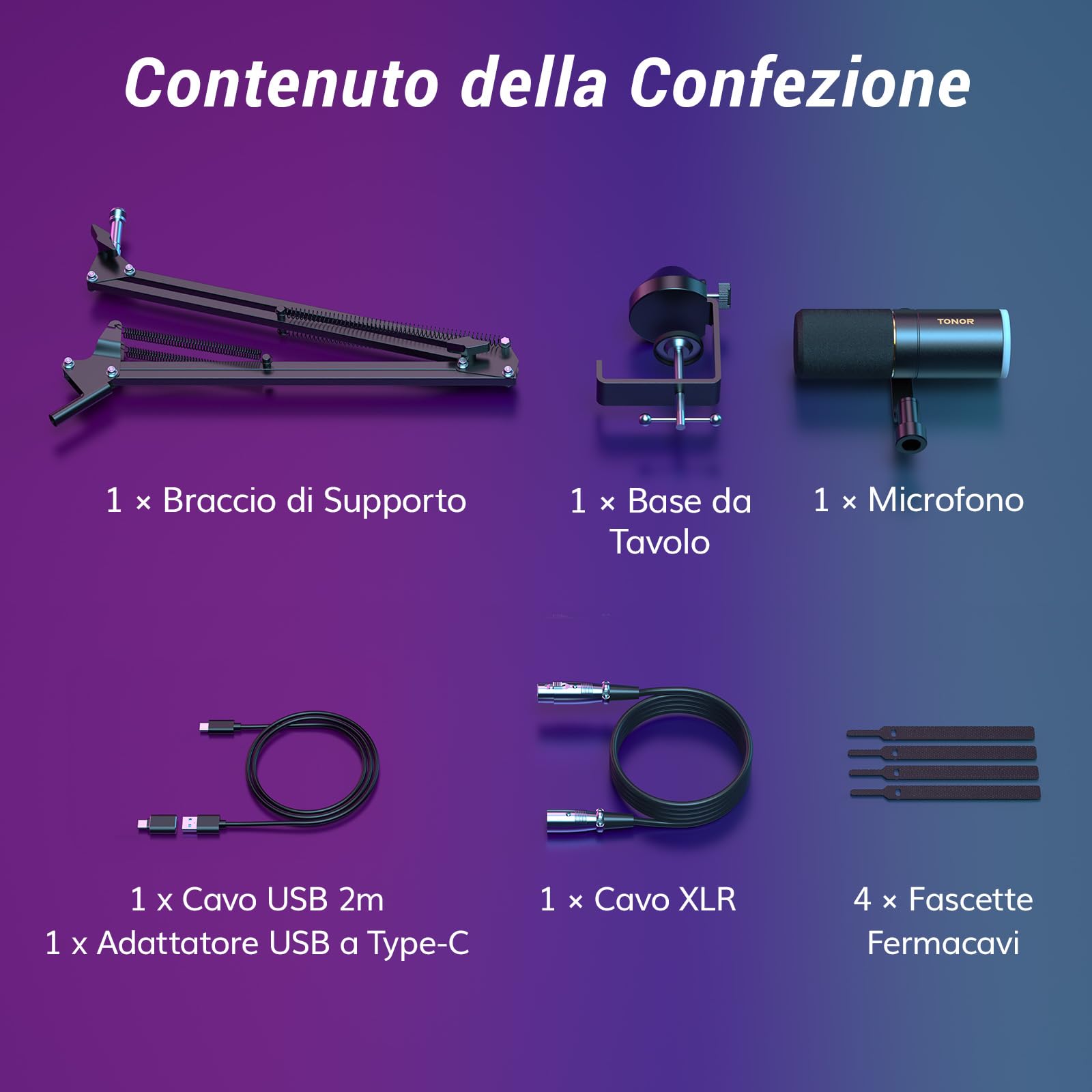 TONOR Microfono Gaming USB/XLR con Supporto da Braccio, Microfono PC Dinamico RGB per Twitch, Streaming, Podcasting, Discord, Microfono in metallo Cardioide per Mac Android, 200cm,TD520S+