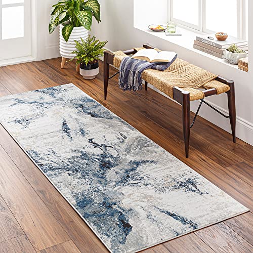 Livabliss New York Abstract – Runner Carpet 80x220 cm for Living Room, Hallway, Dining – Modern Marble Design, Soft Luxurious Medium Pile, Easy Care, Large Bohemian Carpet in Blue, Grey and Beige
