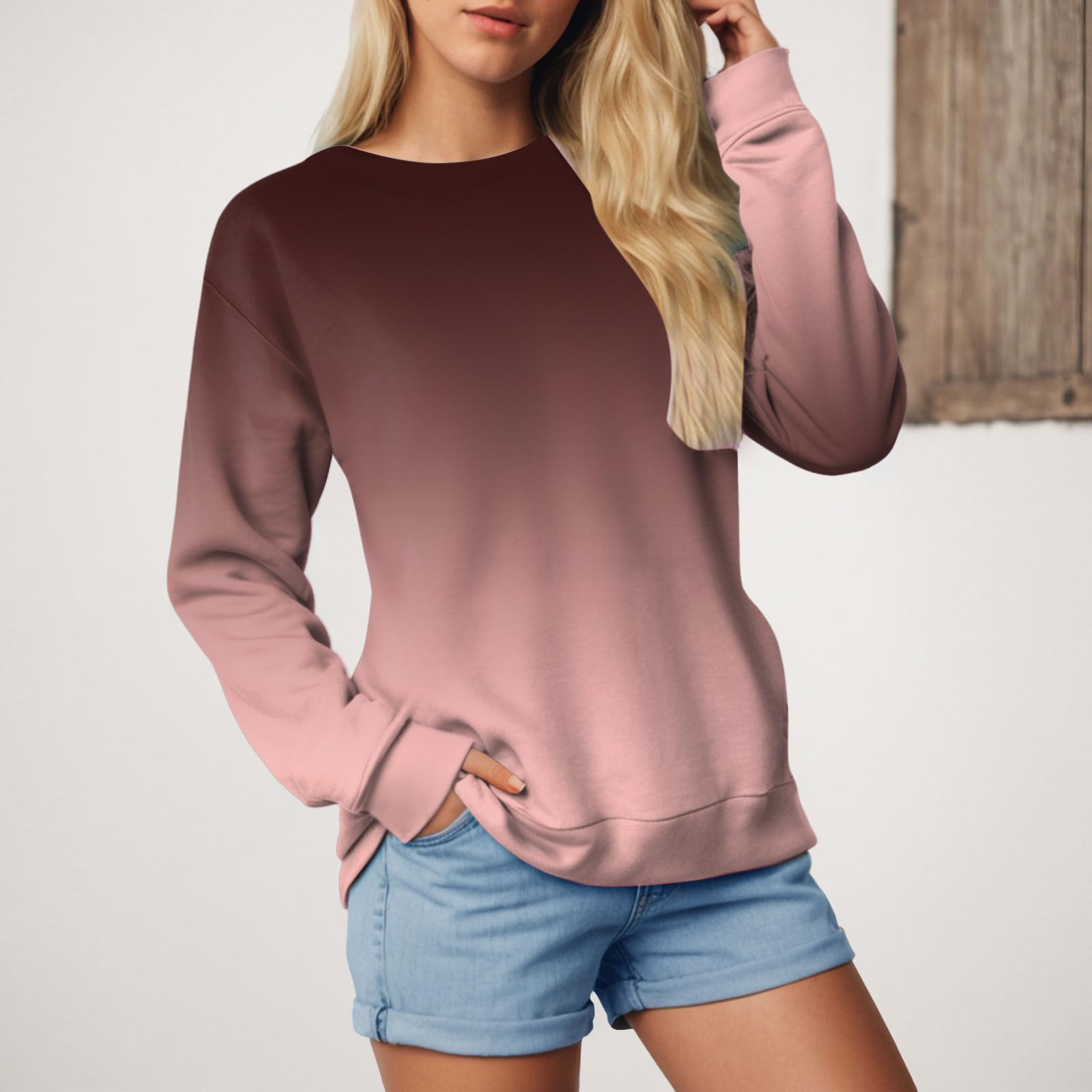 Damen Oversize Pullover Gradient Printed Round Neck Hoodless Long Sleeve Sweater Pullover (Deutsche Ausgabe)