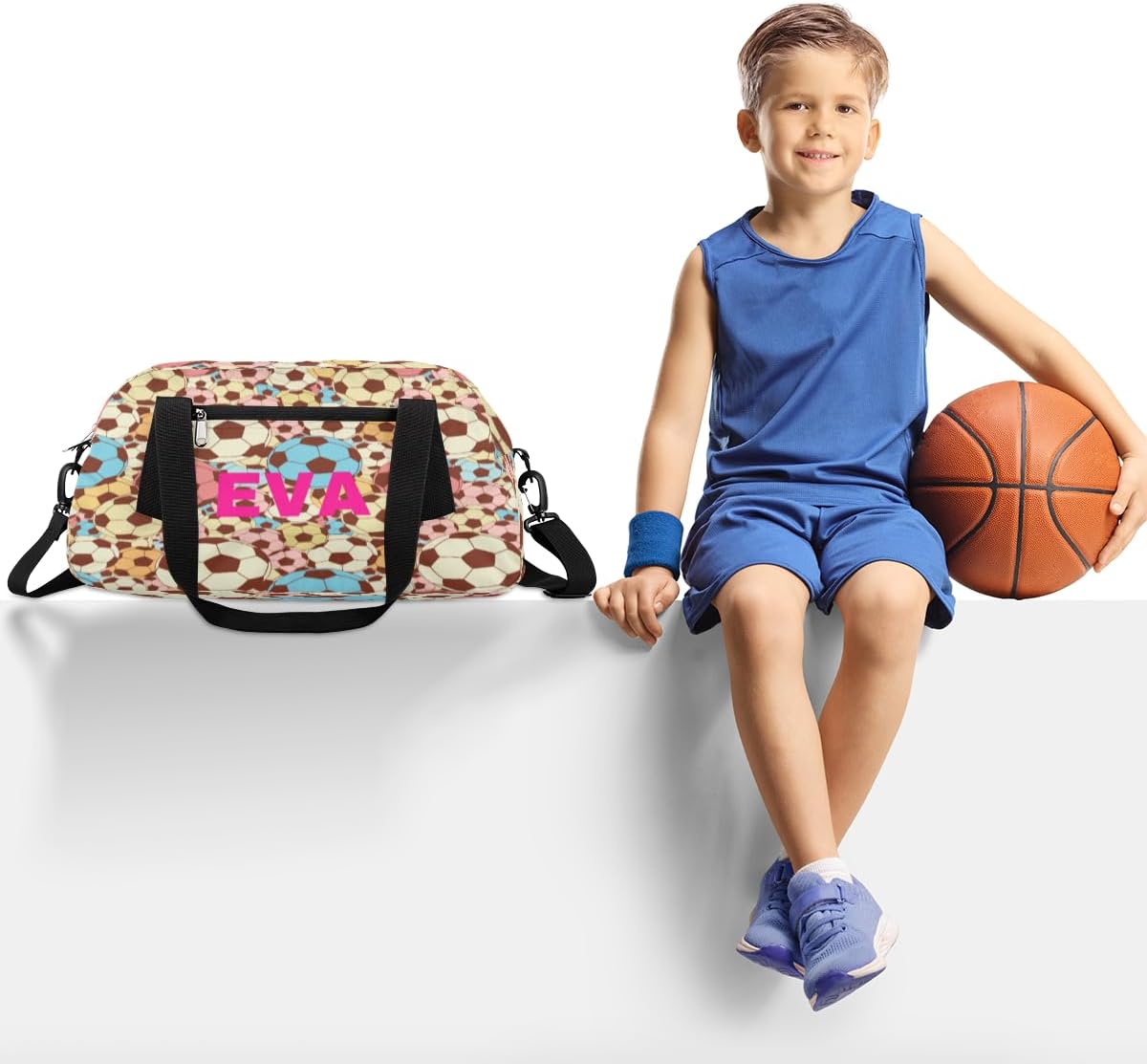 Colorful Sports Ball Soccer Custom Name Kids Duffel Bags Personalized Customized Gifts Sports Gym Bag Girls Dance Bag Overnight Weekender Sleepover Carry On Travel Tote Bag for Boys Girls