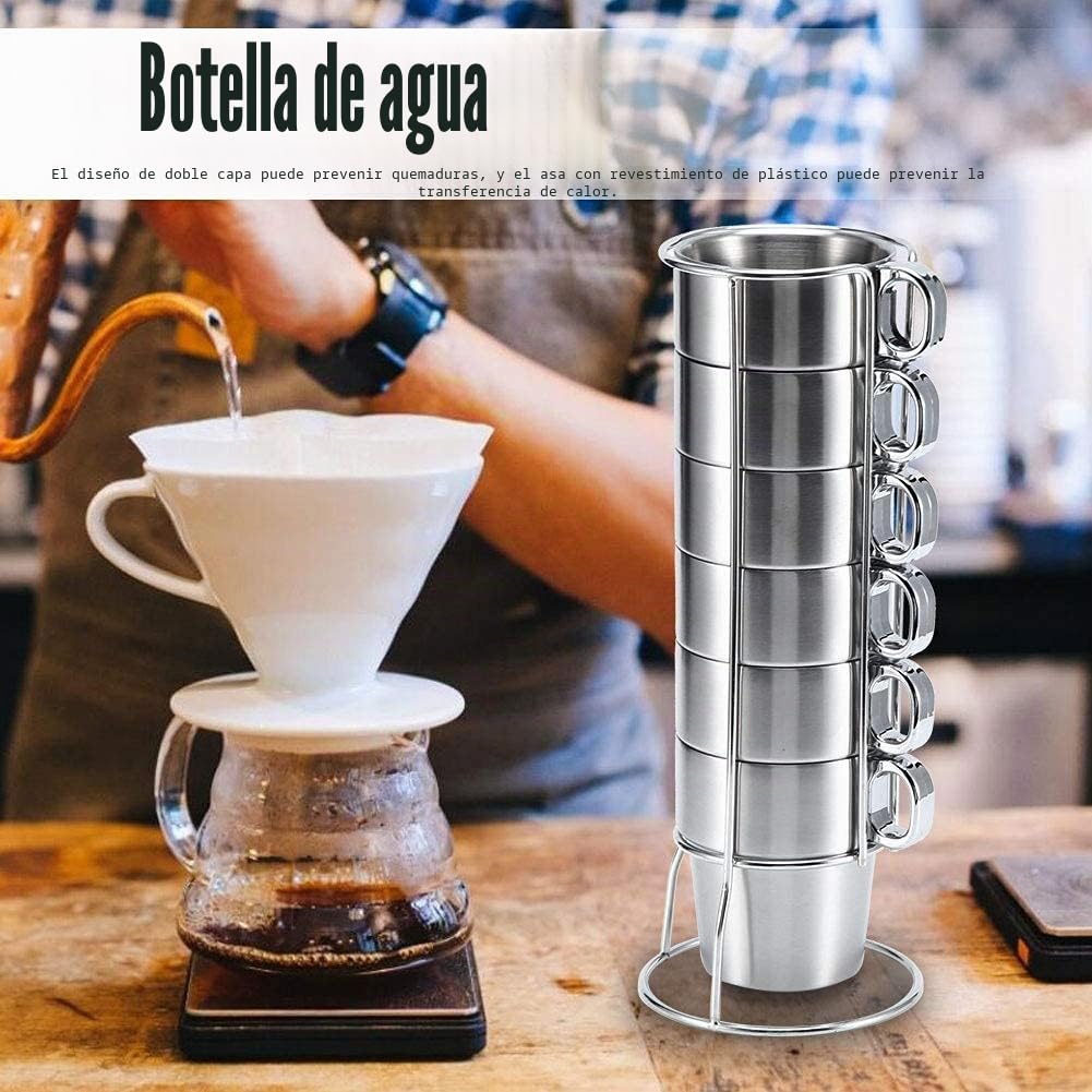 6 uds taza de café de acero inoxidable con soporte, taza apilable aislada taza de café Espresso de doble capa para bebidas de café y té