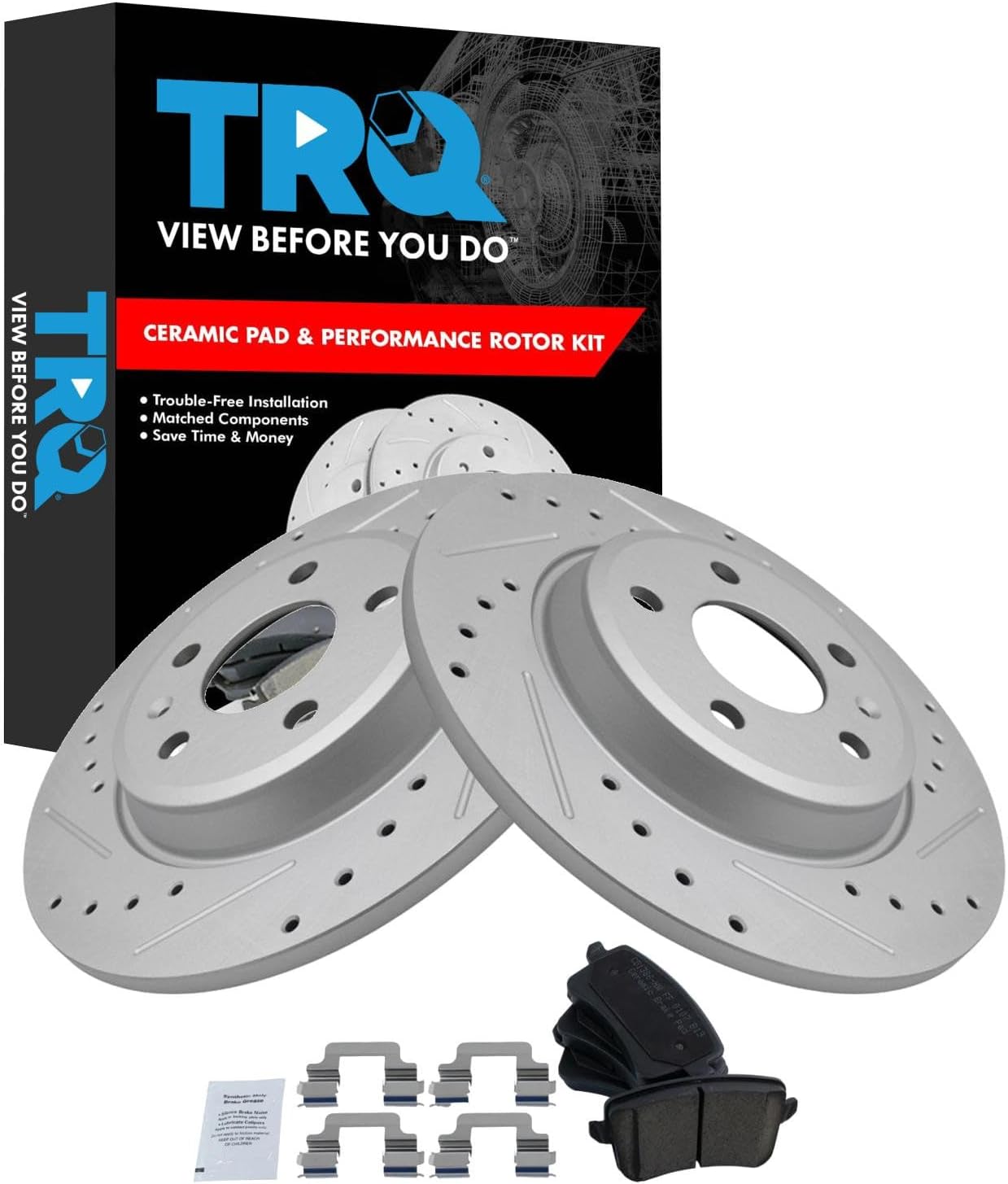 TRQ Rear Brake Pad and Rotor Set Ceramic Coated Slotted Drilled Solid Rotors Compatible with 2009-2016 Audi A4 2009-2016 A4 Quattro 2010-2014 A5 2008-2017 A5 Quattro 2013-2016 allroad 2009-2017 Q5