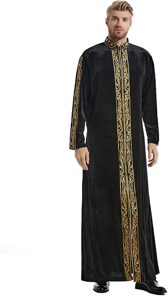 Arab Men Stand Collar Long Sleeves Muslim Male Embroidery Robe
