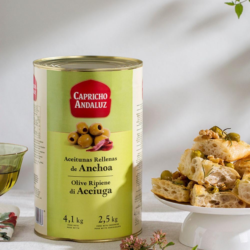 Capricho Andaluz - Aceitunas Manzanilla Rellenas de Anchoa Lata 4,1kg (2,5kg Escurrido) - Sabor Clásico de Aperitivo, Formato Profesional para Bares, Restaurantes y Caterings