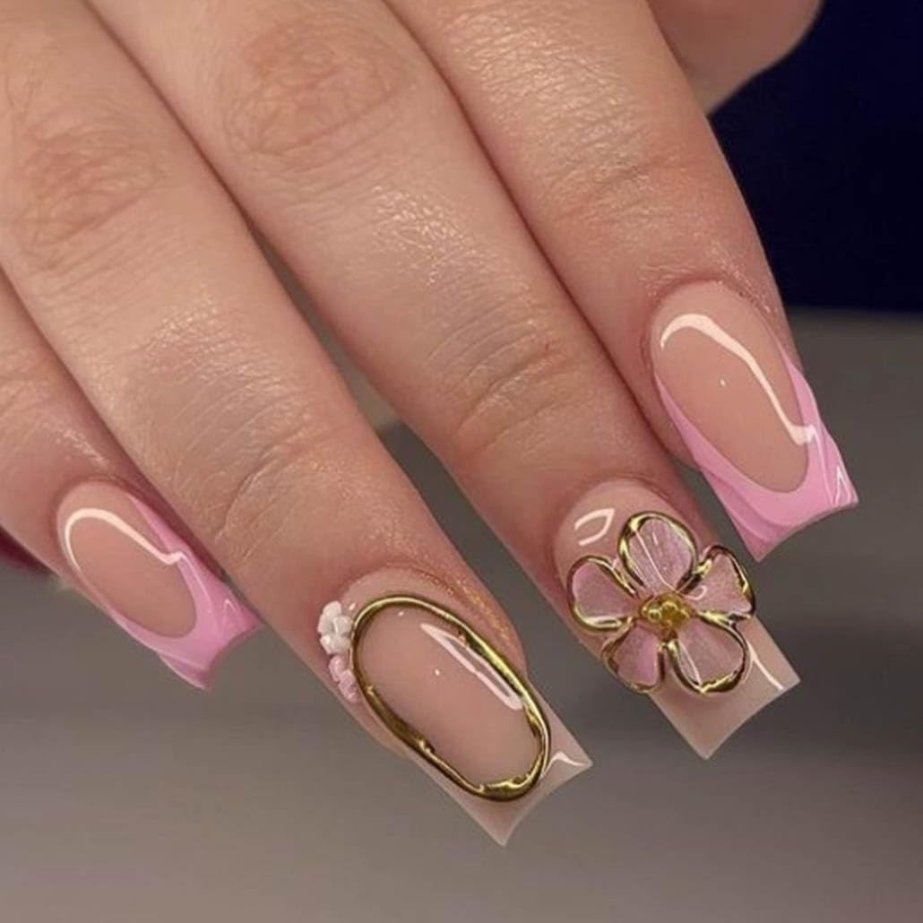 Foccna French Press on Nails Medium Long Pink Fake Nails Square Bling Glossy 3D Flower Design False Nail Tips Artificial Nails Finger Manicure for