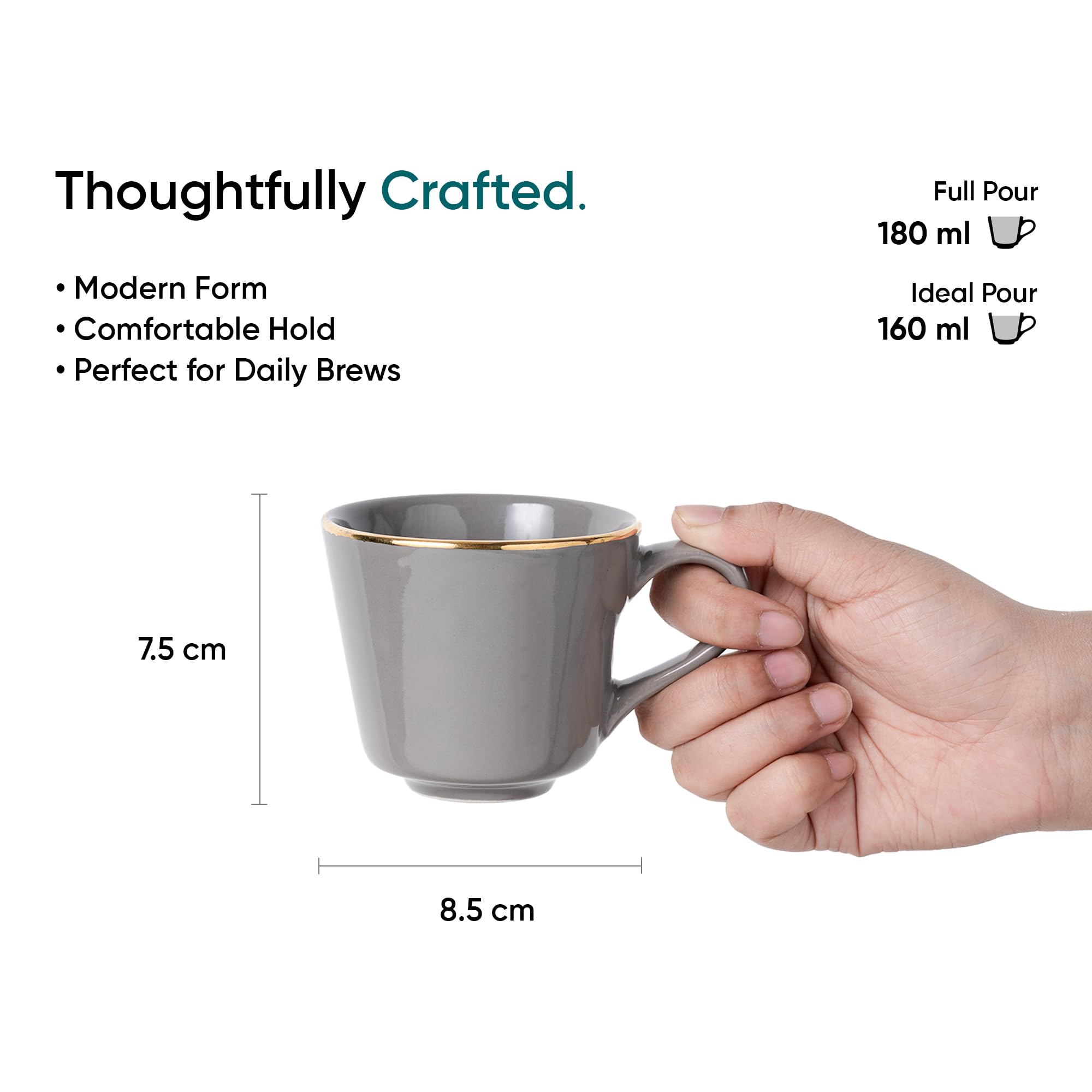 Shay Ceramic Tea Cup Set, Set of 6, Grey with Real Gold Line, 180ml | Cup Set of 6 for Tea | Glossy Finish | Premium Ceramic | Tea Cup Set of 6 (Tea Cups - Grey Gold Line) 2