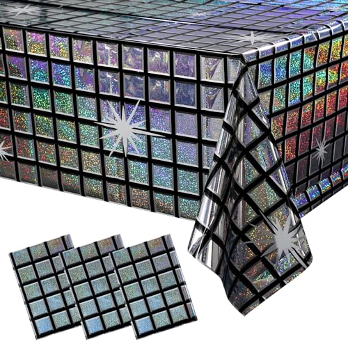 FunnyPars 3 Pack Disco Tablecloth Party Decorations, Shiny Iridescent Disposable Laser Rectangle Table Covers, Silver Plastic Table Cloth for 70s Disco Birthday Theme Party Decorations, 39 x 108Inch